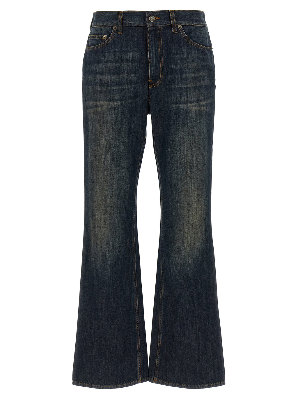Jeans évasés en coton bleu de la marque Burberry, coupe flared et style élégant, visibles dans l'image.