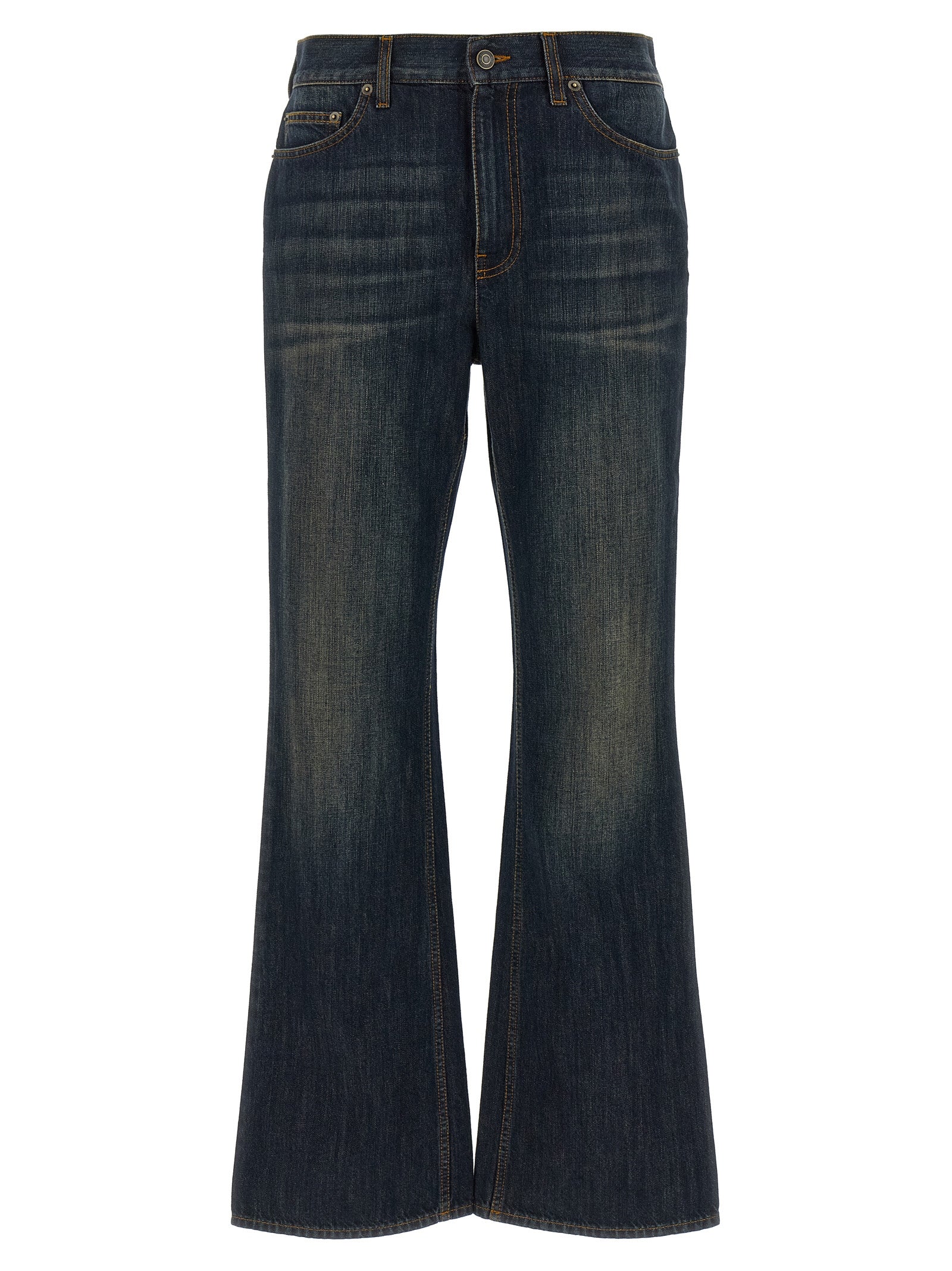 Jeans évasés en coton bleu de la marque Burberry, coupe flared et style élégant, visibles dans l'image.