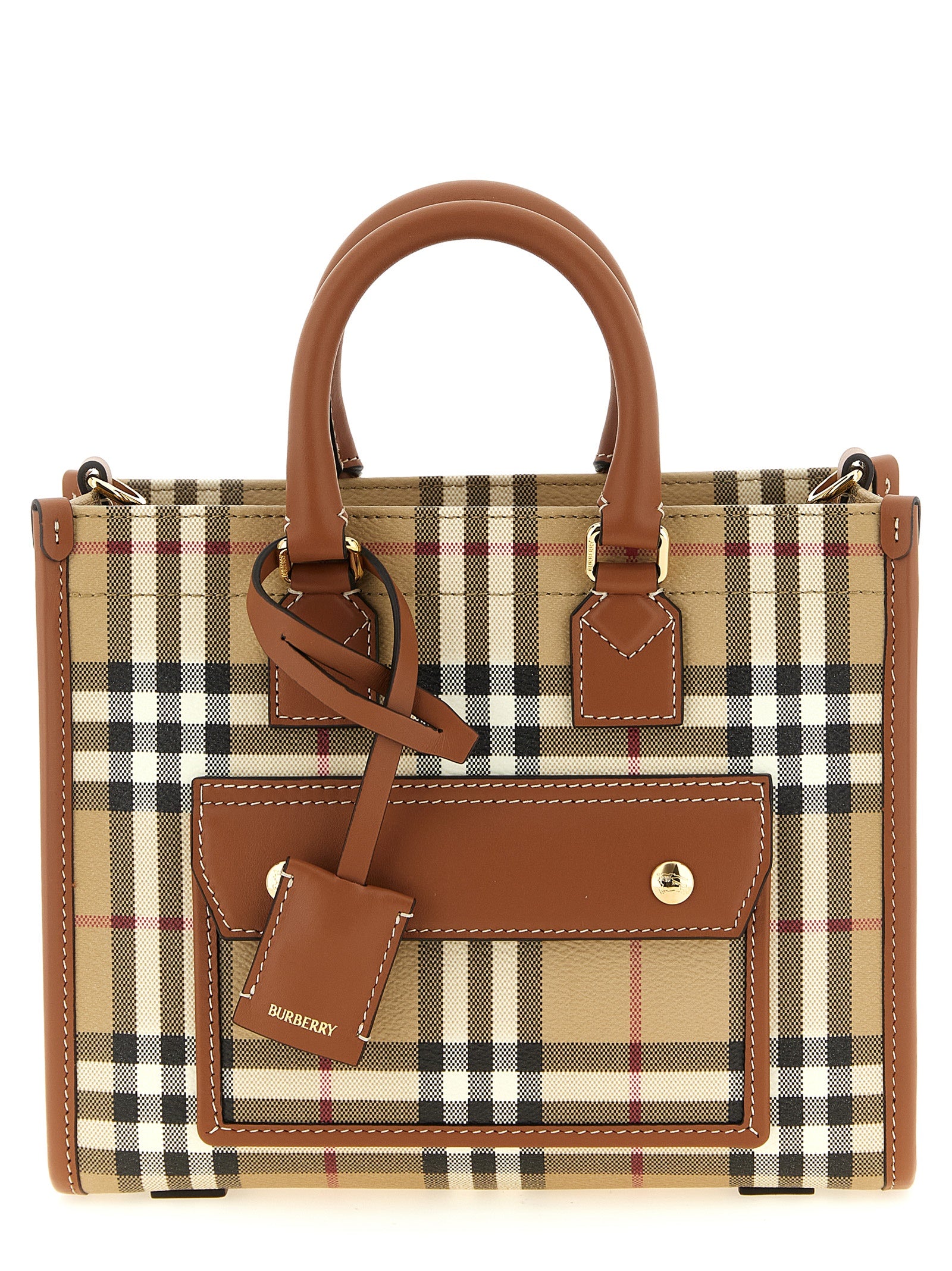 Sac cabas en polyéthylène beige de la marque Burberry, avec poignées et logo visible.