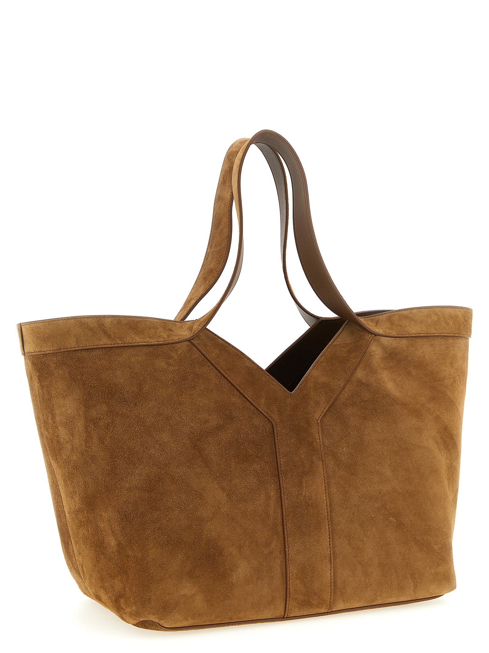 Sac tote en cuir de veau marron de Saint Laurent, élégant et spacieux, avec poignées épaisses et logo discret sur le devant.