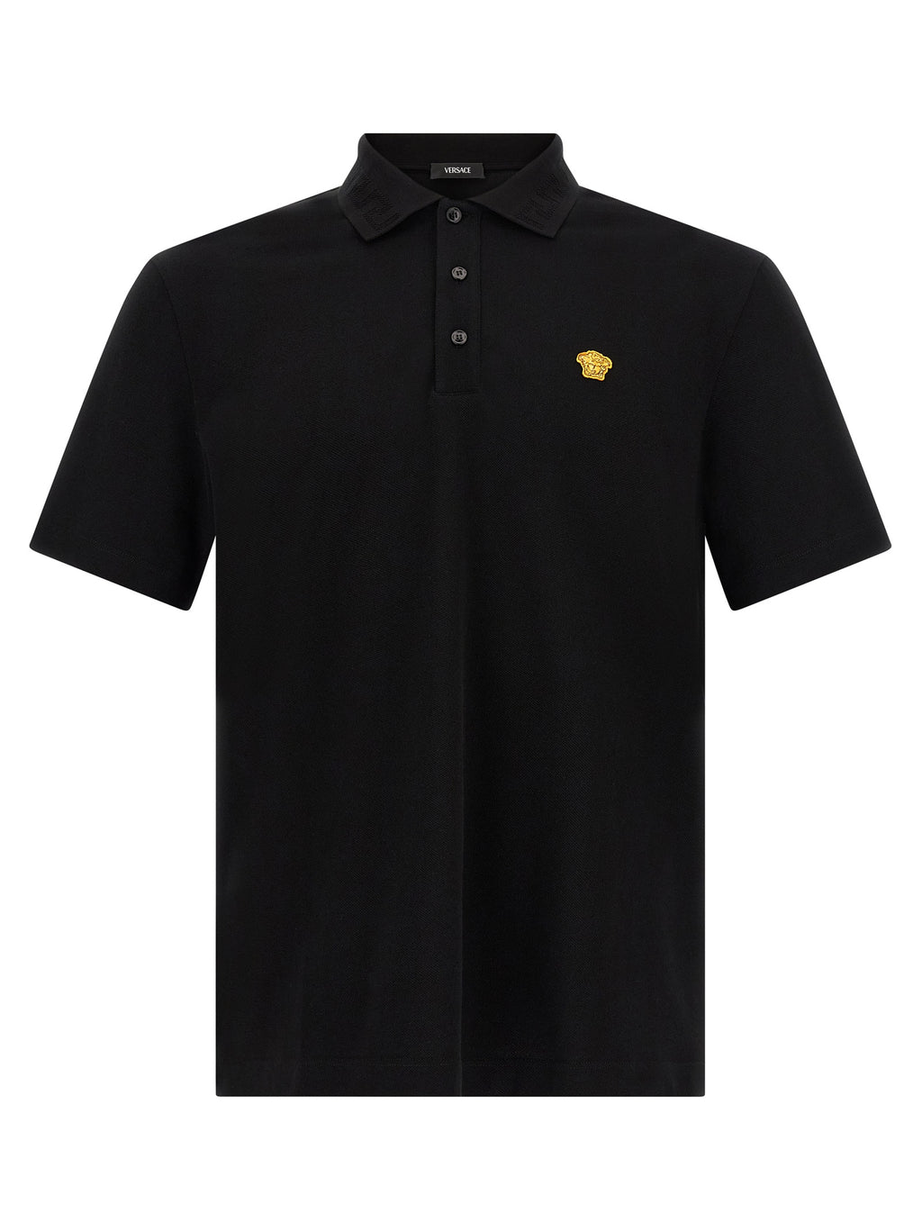 Chemise polo en coton noir de la marque Versace, élégante et classique, avec logo distinctif sur la poitrine.