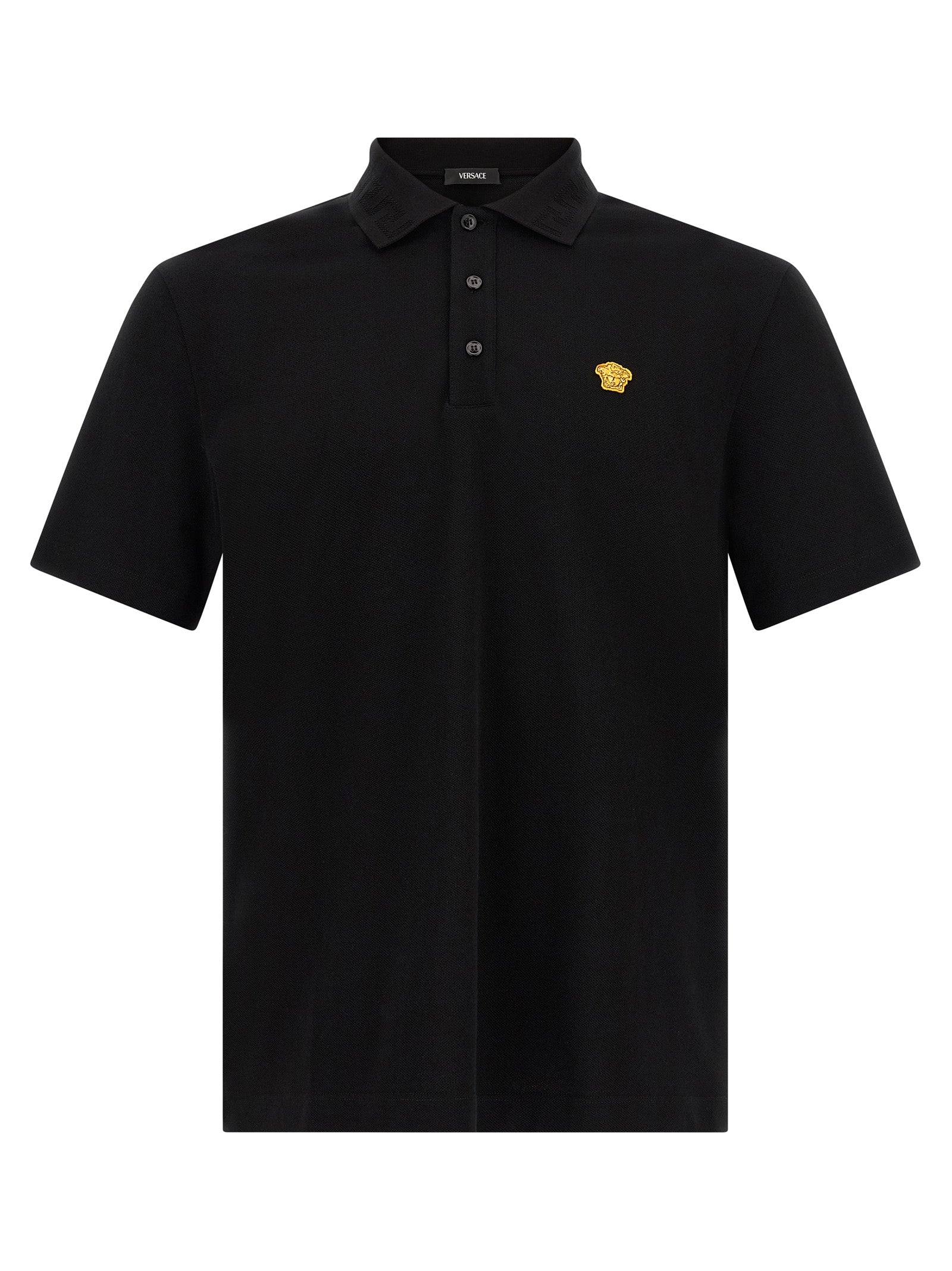 Chemise polo en coton noir de la marque Versace, élégante et classique, avec logo distinctif sur la poitrine.