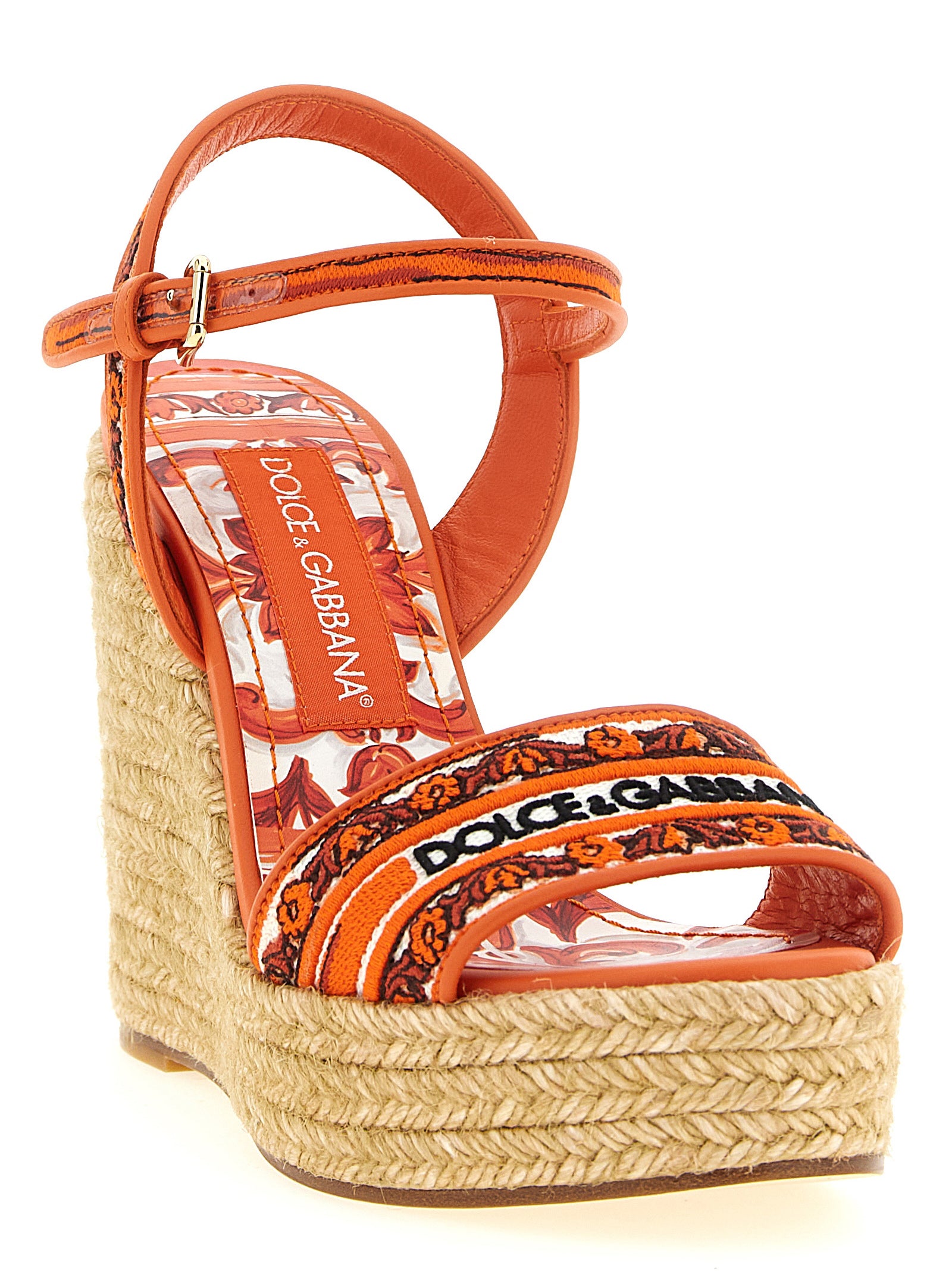 Sandales compensées en coton orange de Dolce & Gabbana, style élégant et confortable pour l'été.