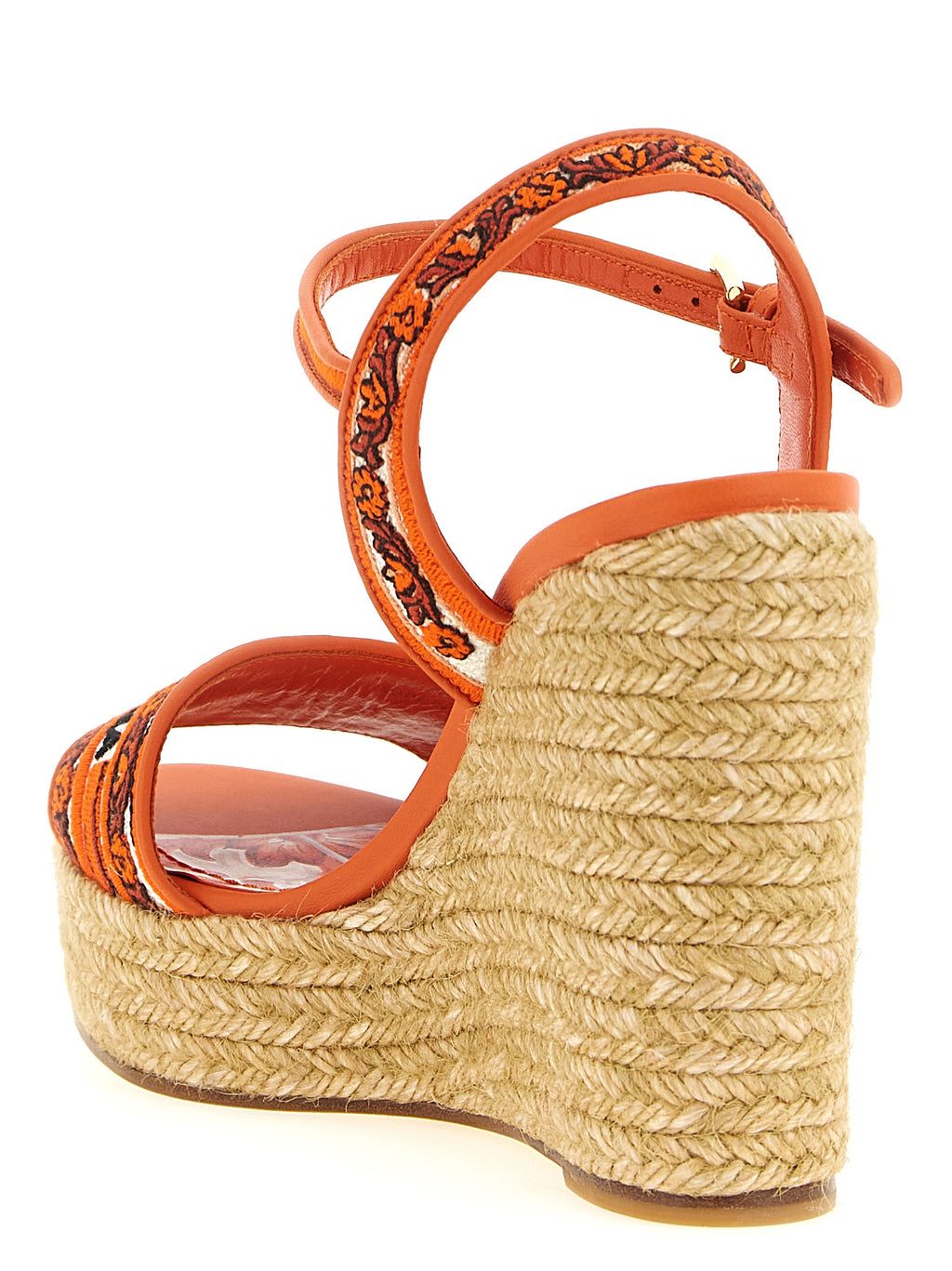 Sandales compensées en coton orange Dolce & Gabbana avec brides élégantes et semelle en caoutchouc, vue de côté.