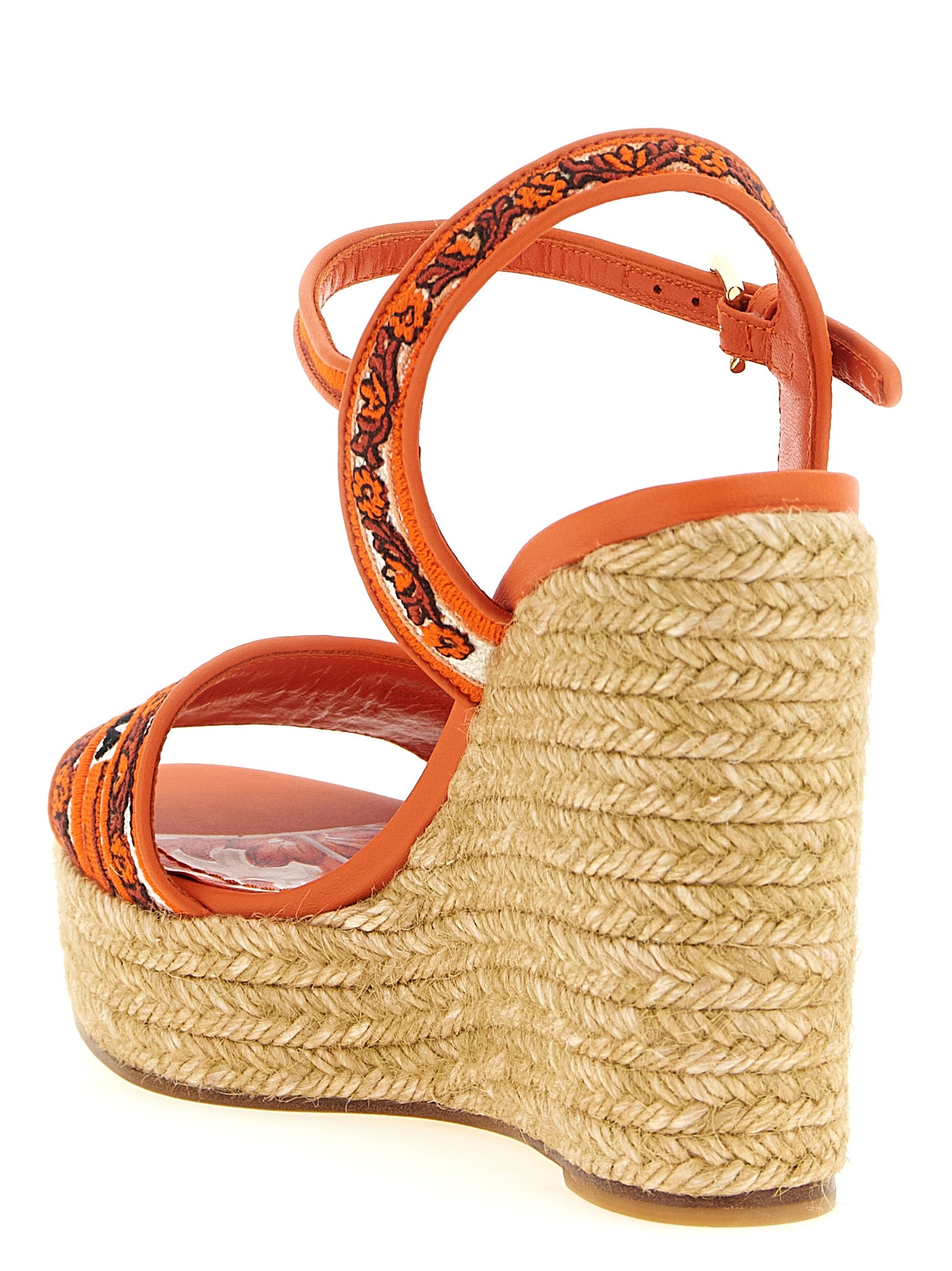 Sandales compensées en coton orange Dolce & Gabbana avec brides élégantes et semelle en caoutchouc, vue de côté.