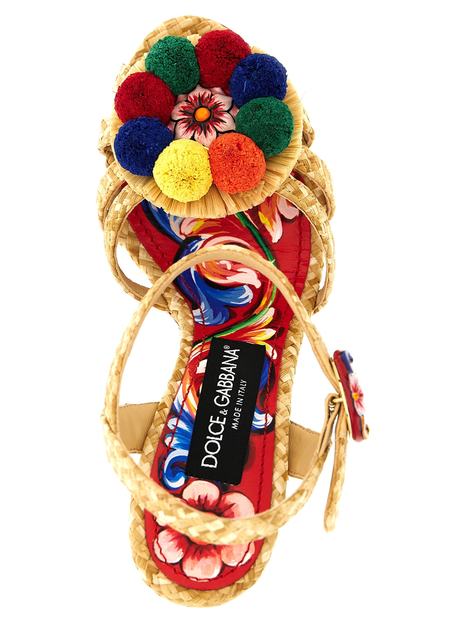 Sandales à talons stilettos en viscose multicolore de Dolce & Gabbana, détail coloré et élégant, vue de face.