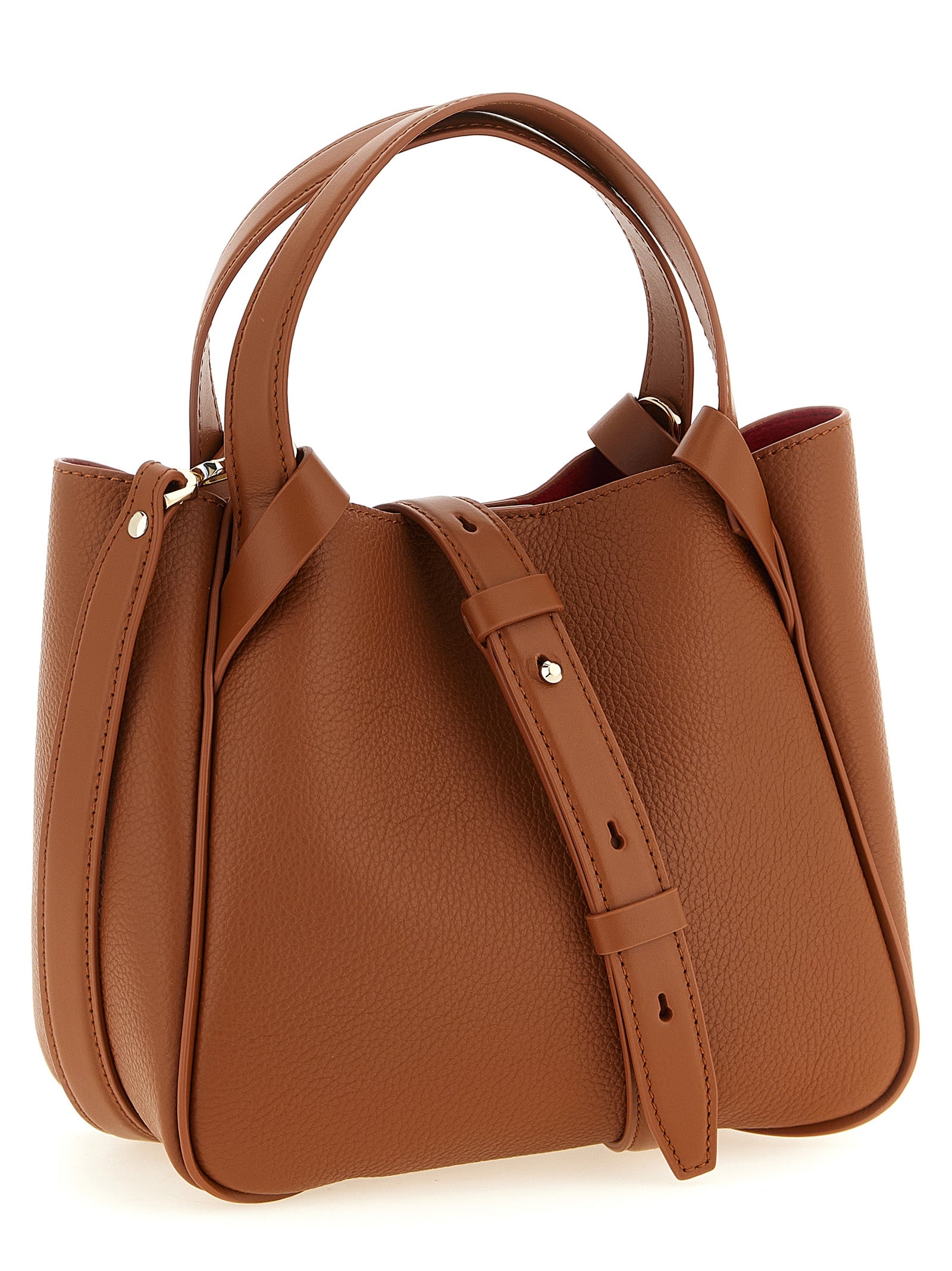 Sac porté main Christian Louboutin en cuir de veau marron avec poignées et détails élégants.