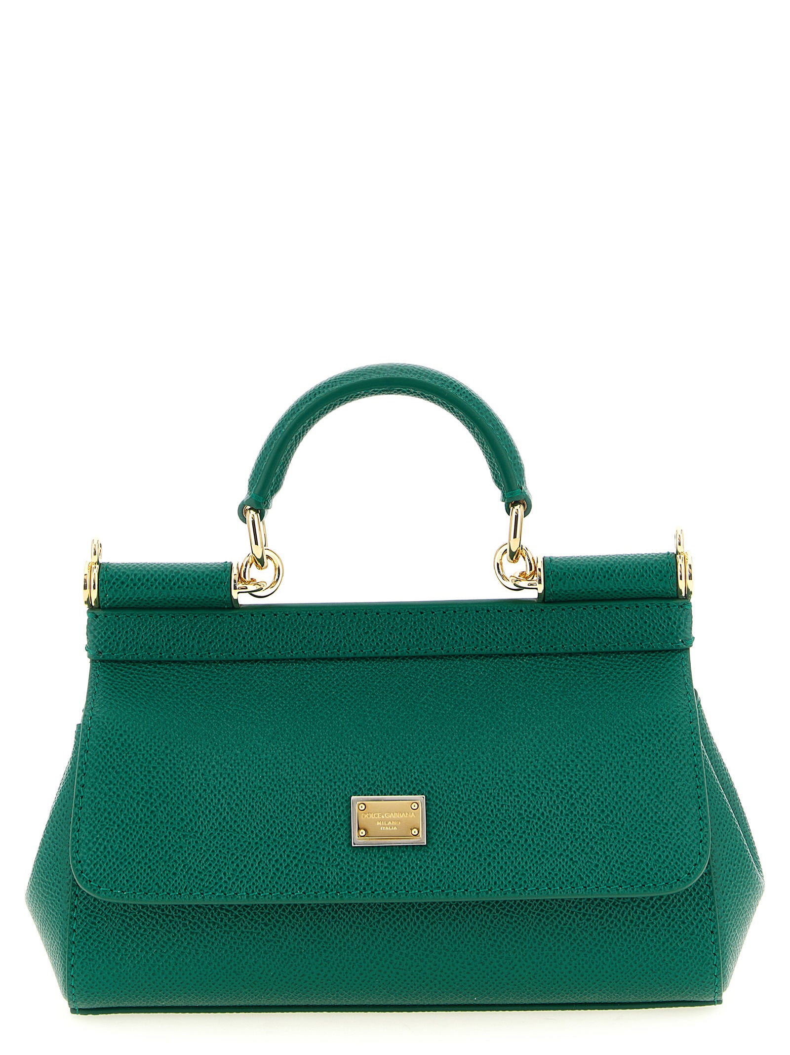 Sac à main Dolce & Gabbana en cuir de veau bicolore, avec poignées élégantes et détails sophistiqués.