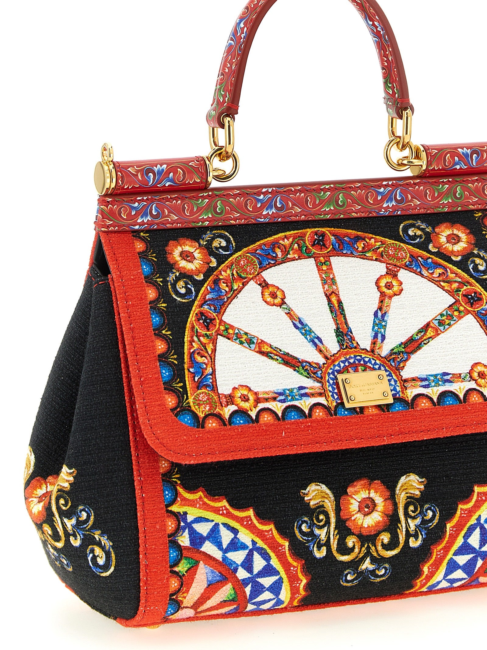 Sac à main Dolce & Gabbana en coton multicolore avec motifs colorés et détails élégants, vue de face.