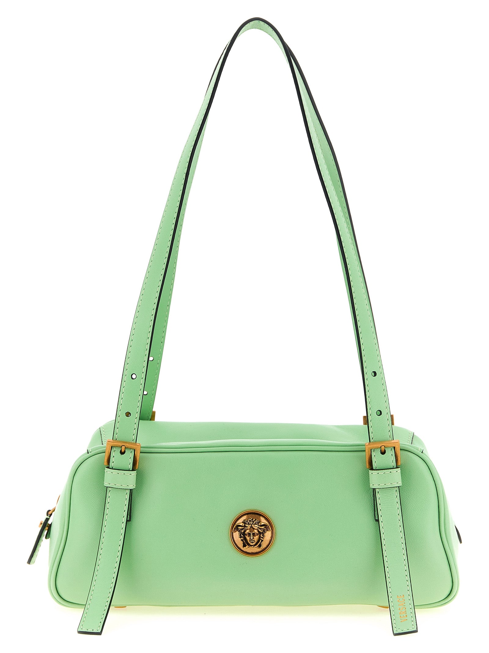 Sac à main à épaules en cuir d’agneau bicolore de Versace, design élégant et sophistiqué, visible avec détails de la marque.