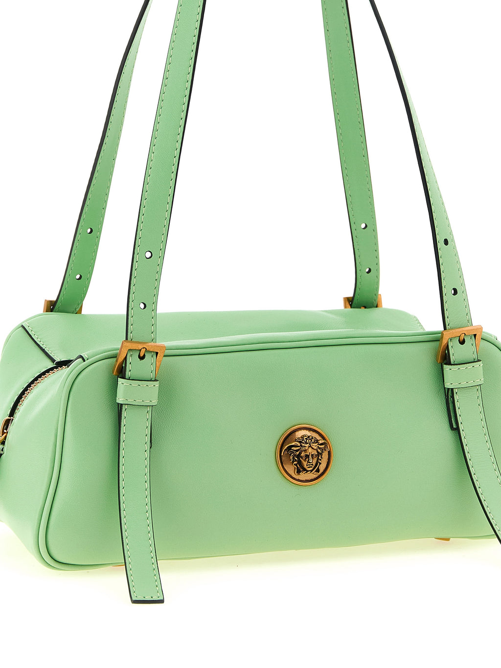 Sac à épaule en cuir d'agneau bicolore de Versace, avec détails élégants et logo emblématique, pour un style sophistiqué.