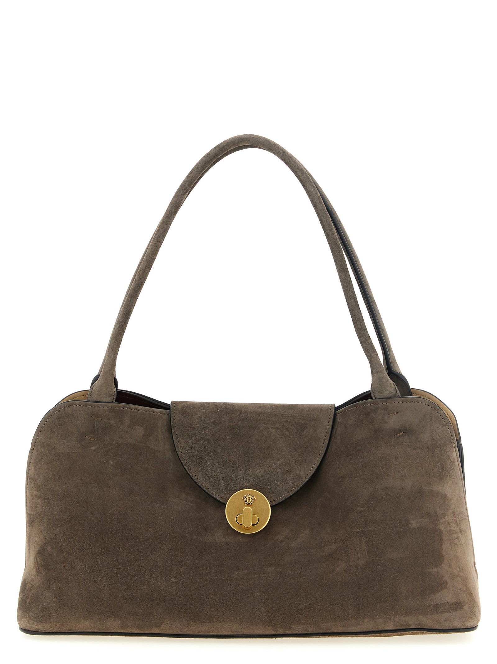 Sac à épaule en veau brun de Versace, élégant et sophistiqué, avec détails de luxe visibles sur le cuir.