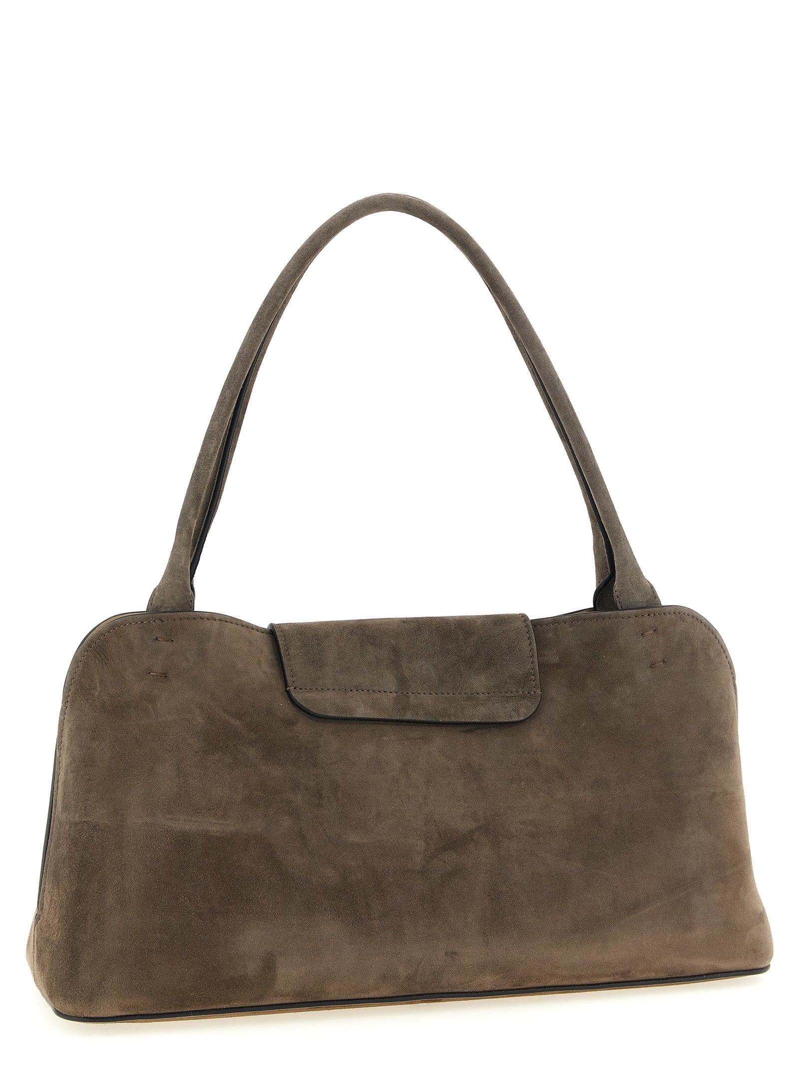 Sac à épaule en cuir de veau marron de la marque Versace, avec détails élégants et finition luxueuse visible sur l'image.