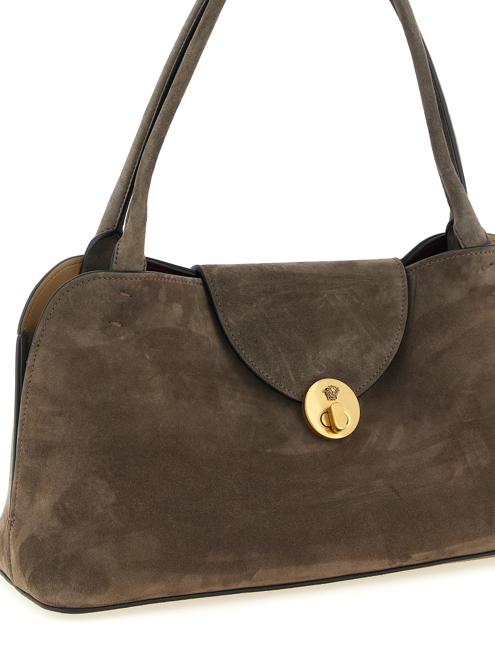 Sac à épaule en veau brun de Versace, élégant et sophistiqué, avec détails de luxe visibles.