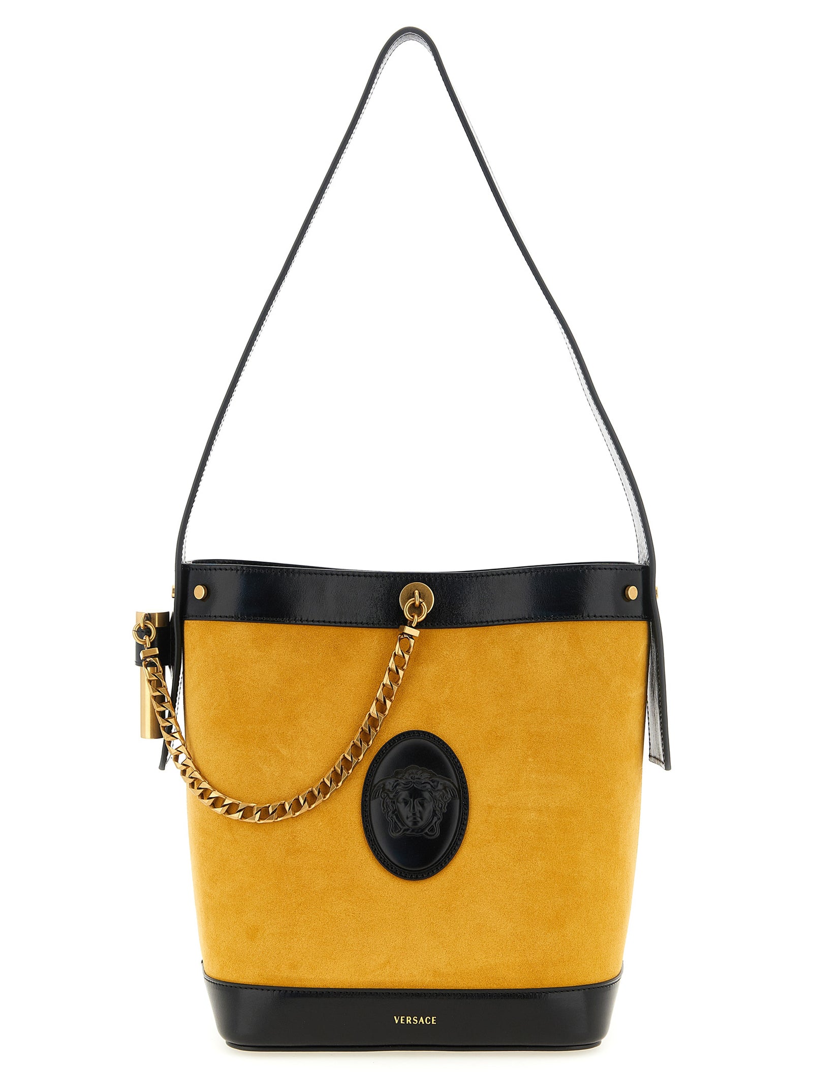 Sac à main à épaule Versace en cuir bicolore, design élégant avec détails sophistiqués et logo emblématique.