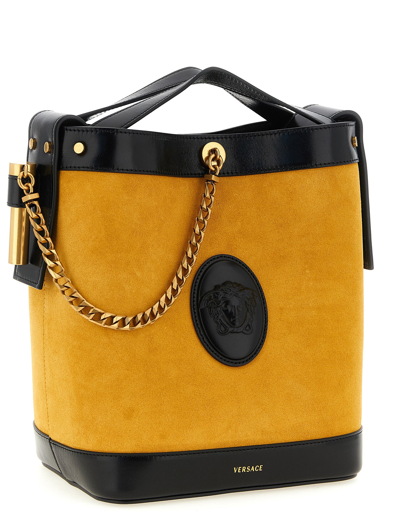 Sac à épaule bicolore en cuir de veau Versace, design élégant avec logo emblématique, pour un style sophistiqué.