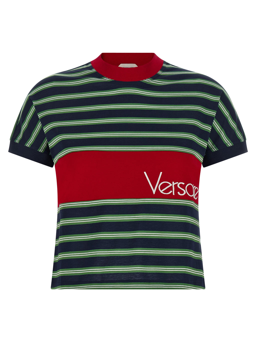 T-shirt en coton multicolore de la marque Versace, détail coloré et logo visible sur le devant.