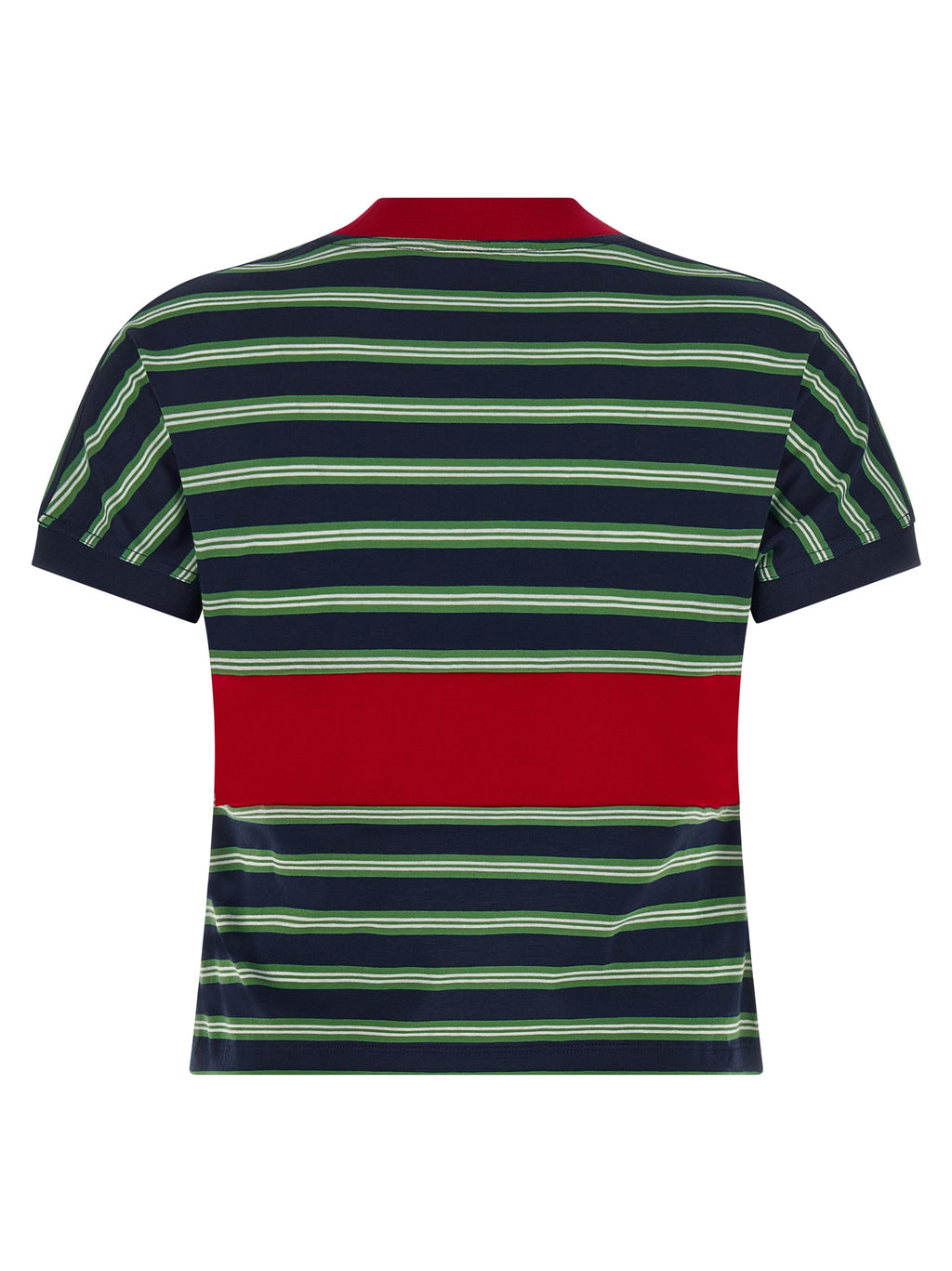 T-shirt en coton multicolore Versace avec logo emblématique, manches courtes et design coloré, porté sur mannequin.