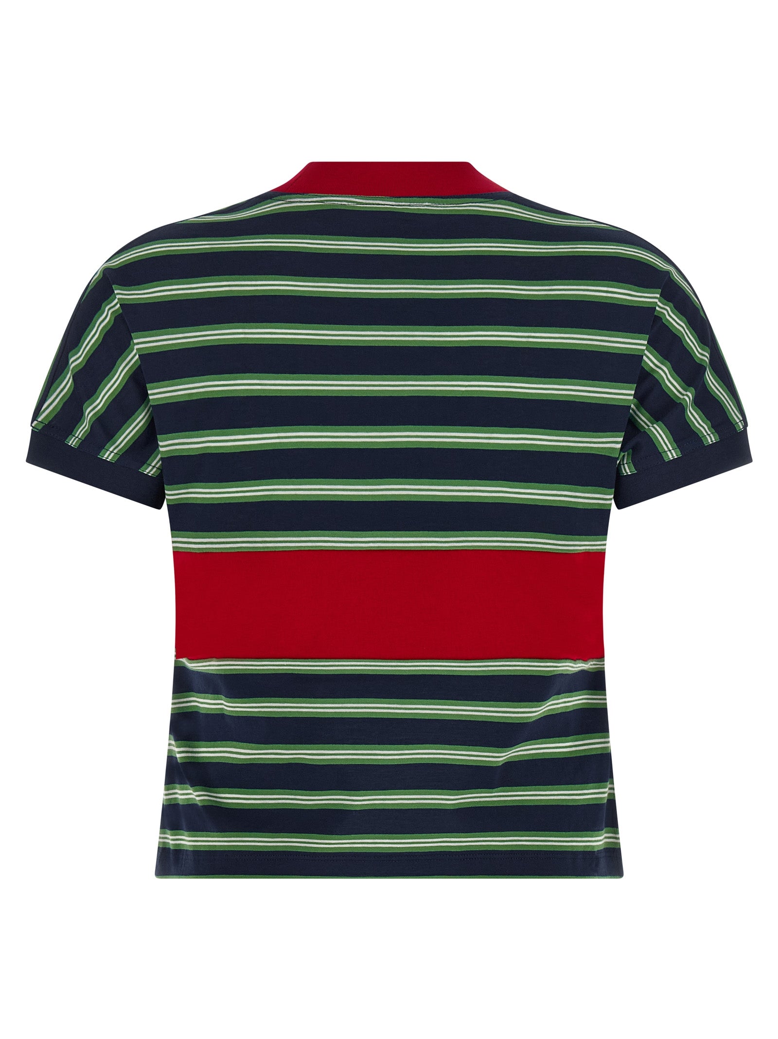 T-shirt en coton multicolore Versace avec logo emblématique, manches courtes et design coloré, porté sur mannequin.