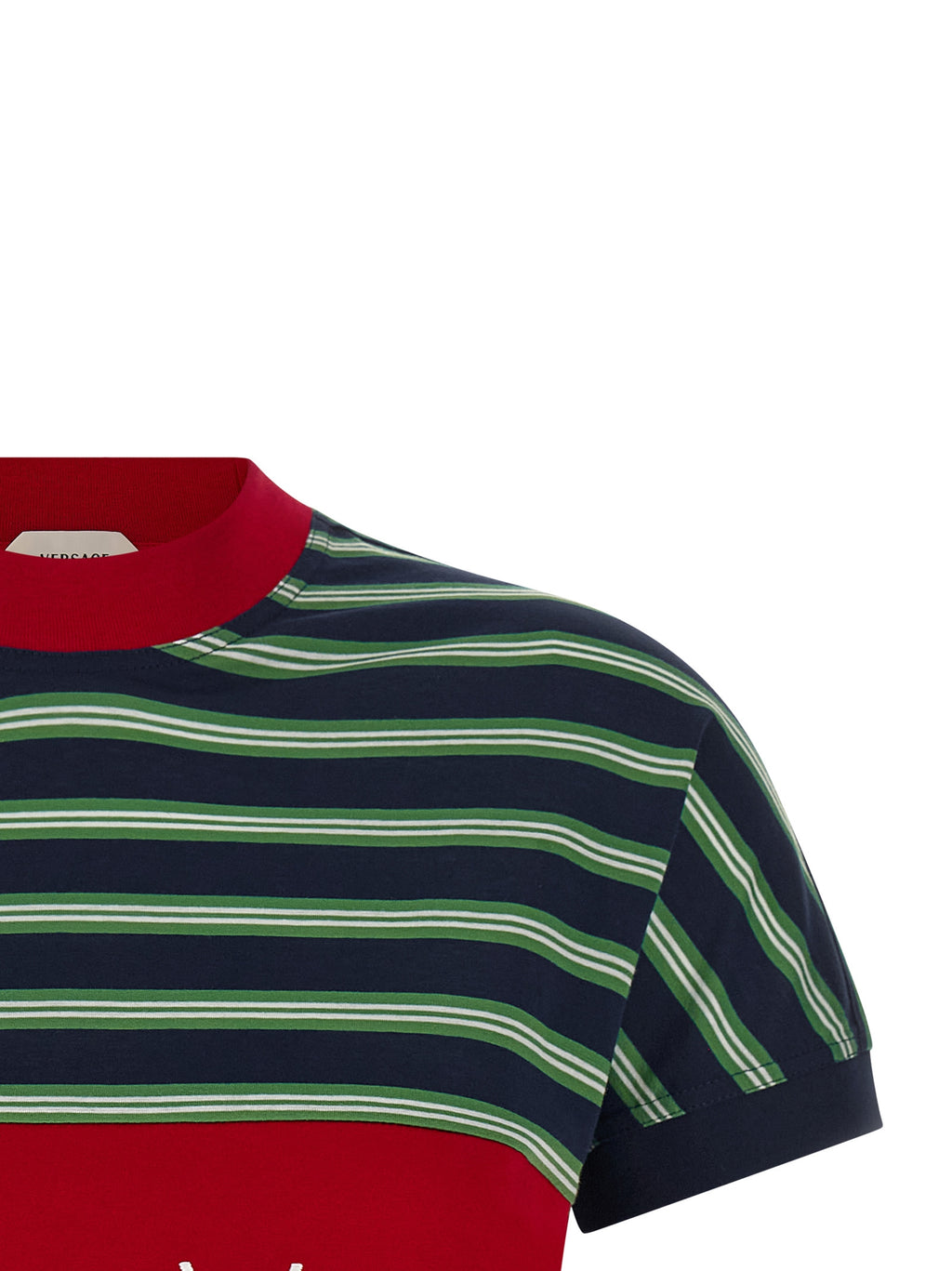 T-shirt en coton multicolore de la marque Versace, design coloré et élégant, porté avec style.