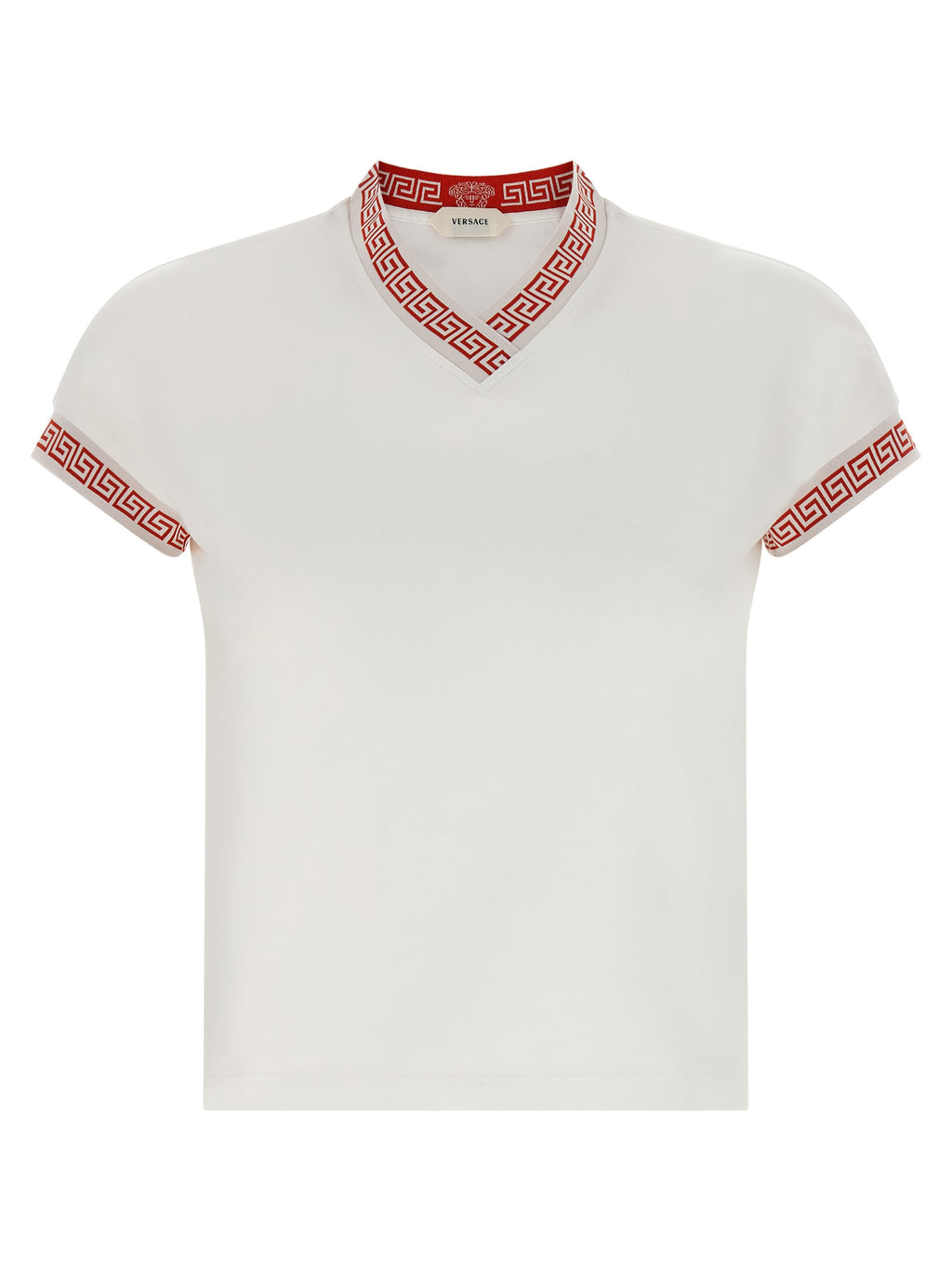 T-shirt en coton multicolore de Versace avec logo et motifs vibrants, style décontracté et tendance.
