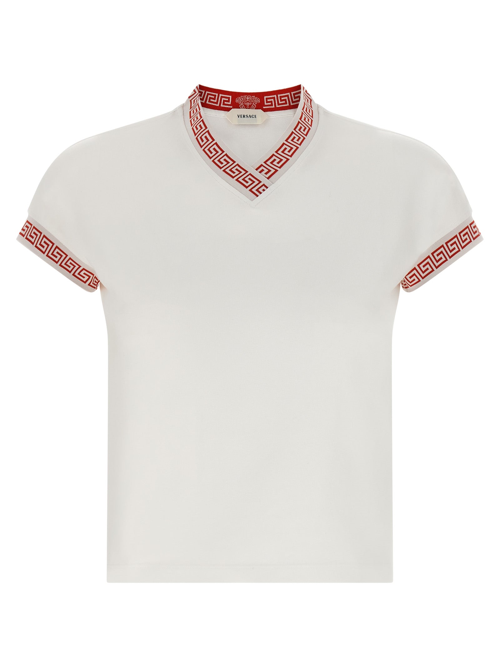 T-shirt en coton multicolore de Versace avec logo et motifs vibrants, style décontracté et tendance.