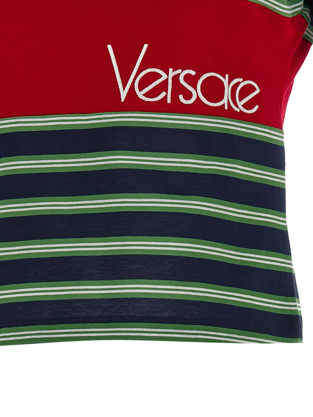 T-shirt en coton multicolore de Versace avec logo emblématique, vue de face, style élégant et coloré.