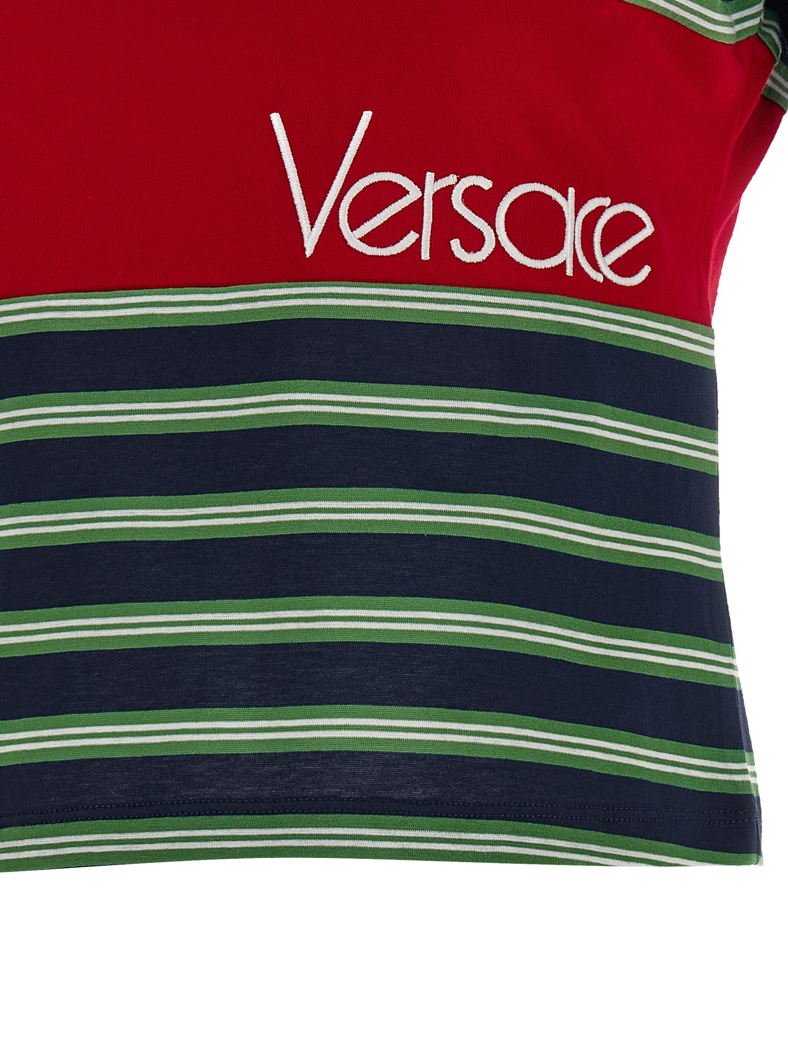 T-shirt en coton multicolore de Versace avec logo emblématique, vue de face, style élégant et coloré.