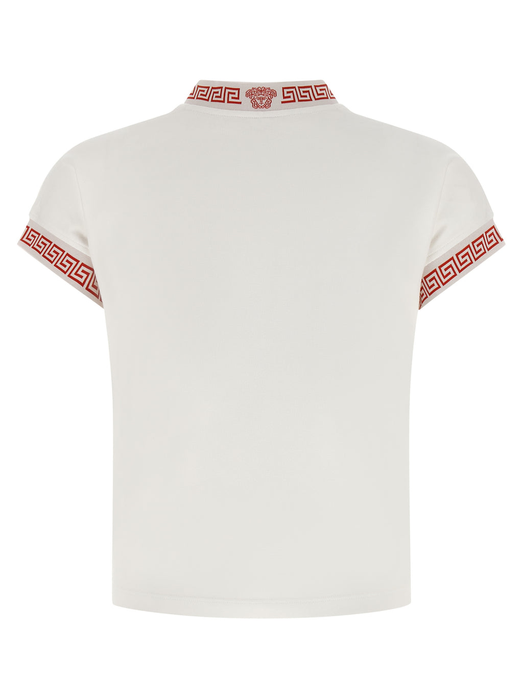 T-shirt en coton multicolore de Versace avec logo emblématique, manches courtes et design élégant.