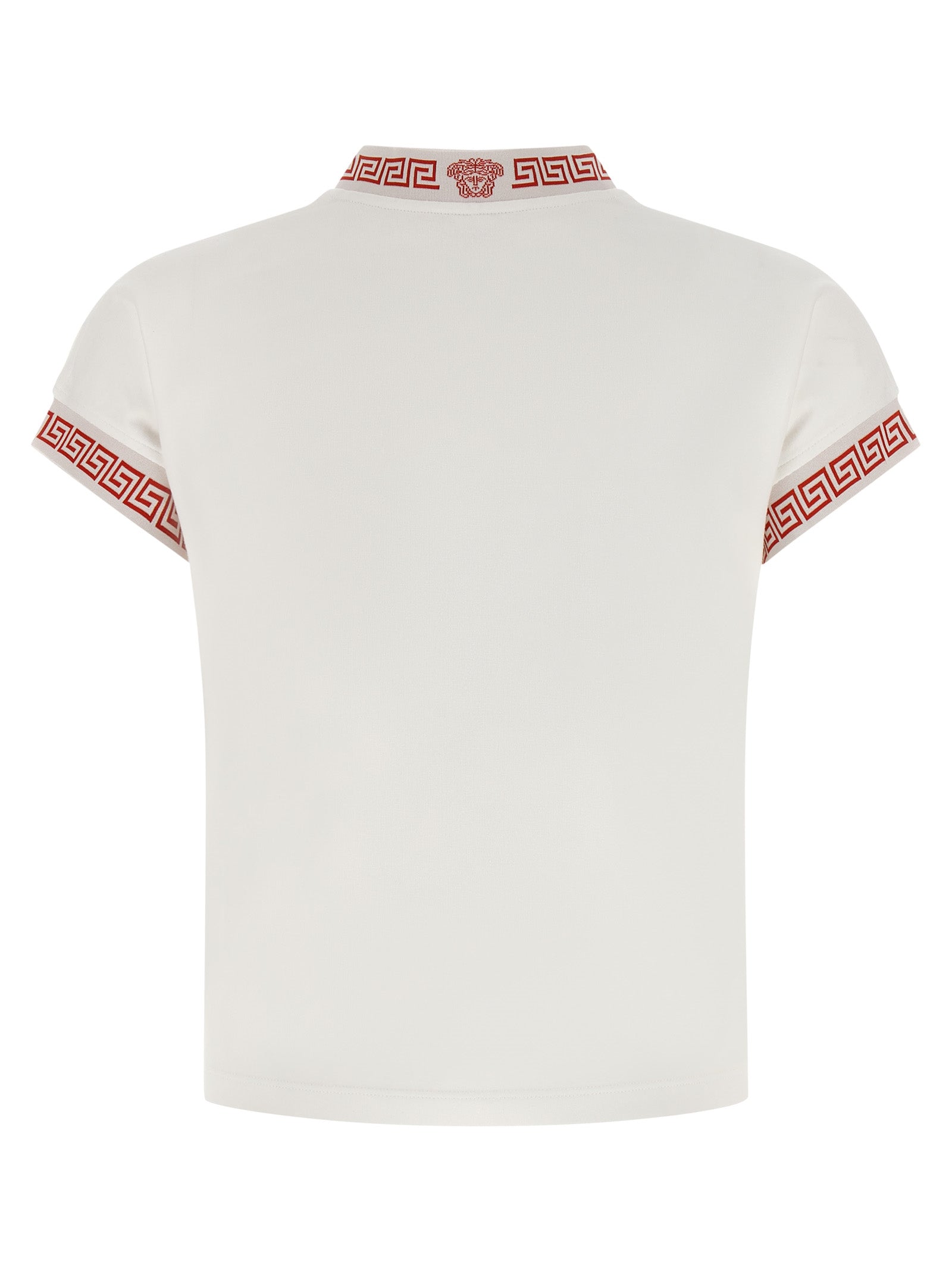 T-shirt en coton multicolore de Versace avec logo emblématique, manches courtes et design élégant.