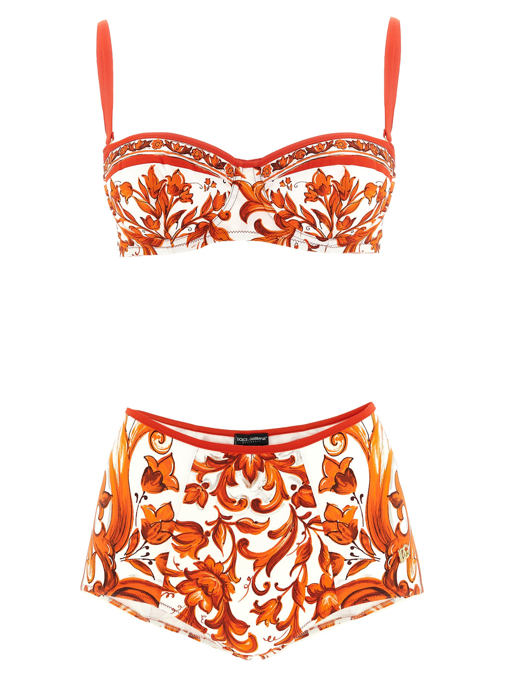 Bikini en polyamide orange Dolce & Gabbana avec design élégant, porté sur une mannequin, parfait pour la plage.