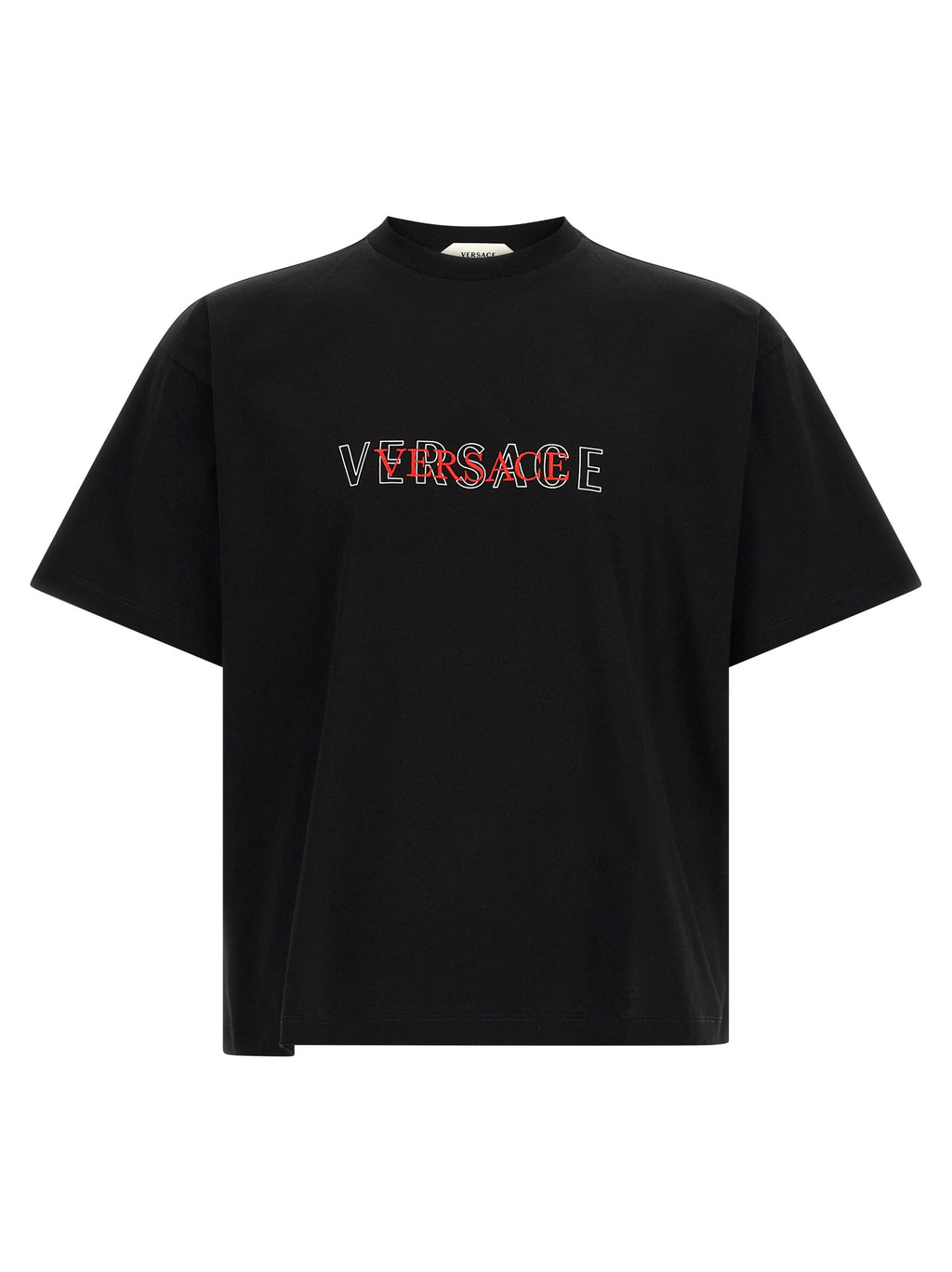 T-shirt noir en coton de la marque Versace, avec logo distinctif visible sur la poitrine.