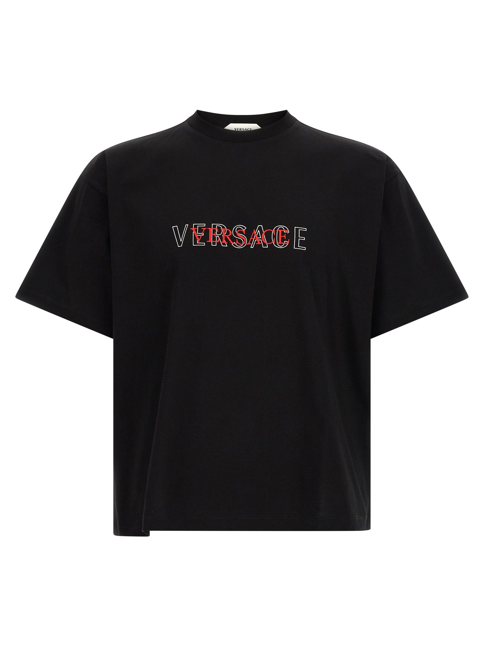 T-shirt noir en coton de la marque Versace, avec logo distinctif visible sur la poitrine.