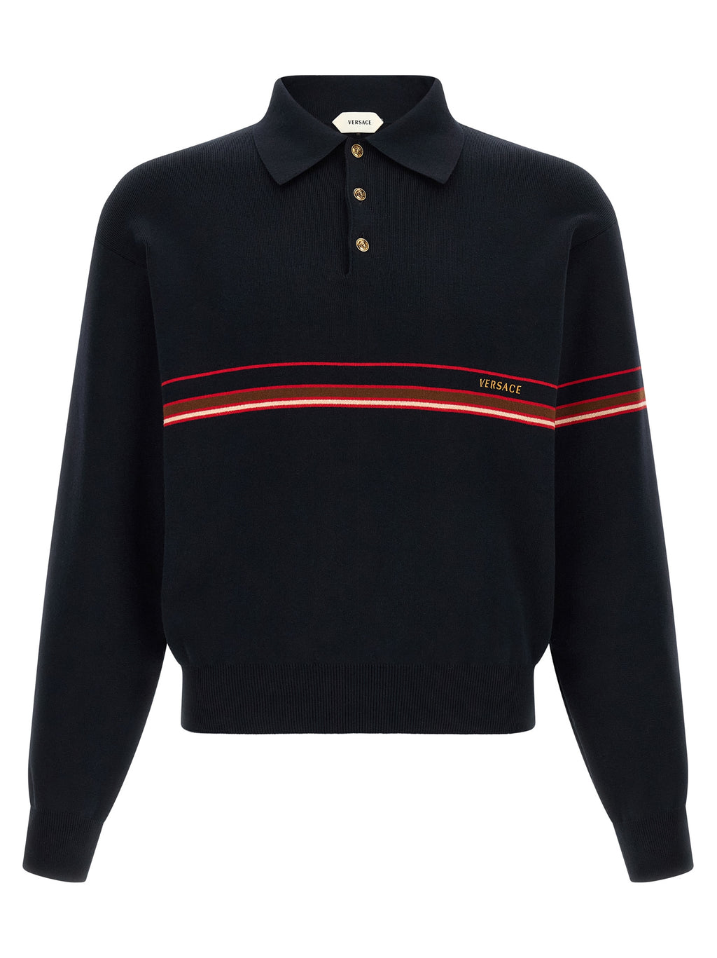 Chemise polo en coton bleu de la marque Versace avec logo emblématique sur la poitrine, vue de face.