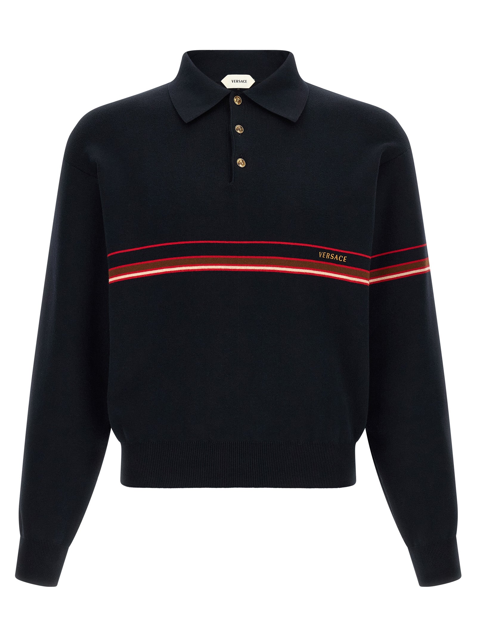 Chemise polo en coton bleu de la marque Versace avec logo emblématique sur la poitrine, vue de face.
