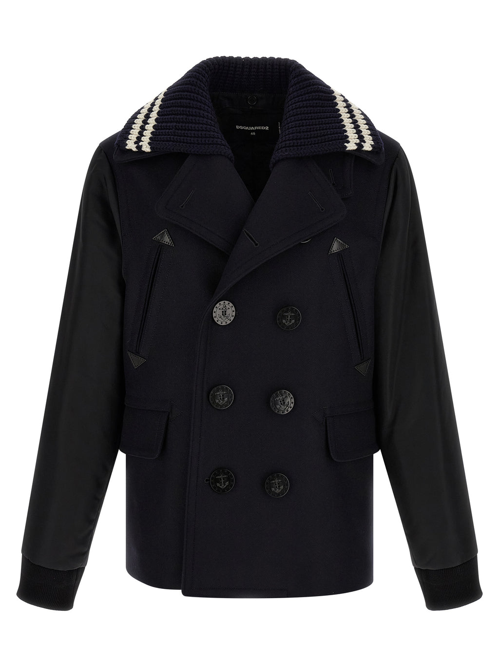 Manteau en laine bleue de la marque Dsquared², coupe élégante et détails sophistiqués, porté sur un mannequin.