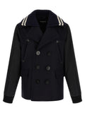 Manteau en laine bleue de la marque Dsquared², coupe élégante et détails sophistiqués, porté sur un mannequin.