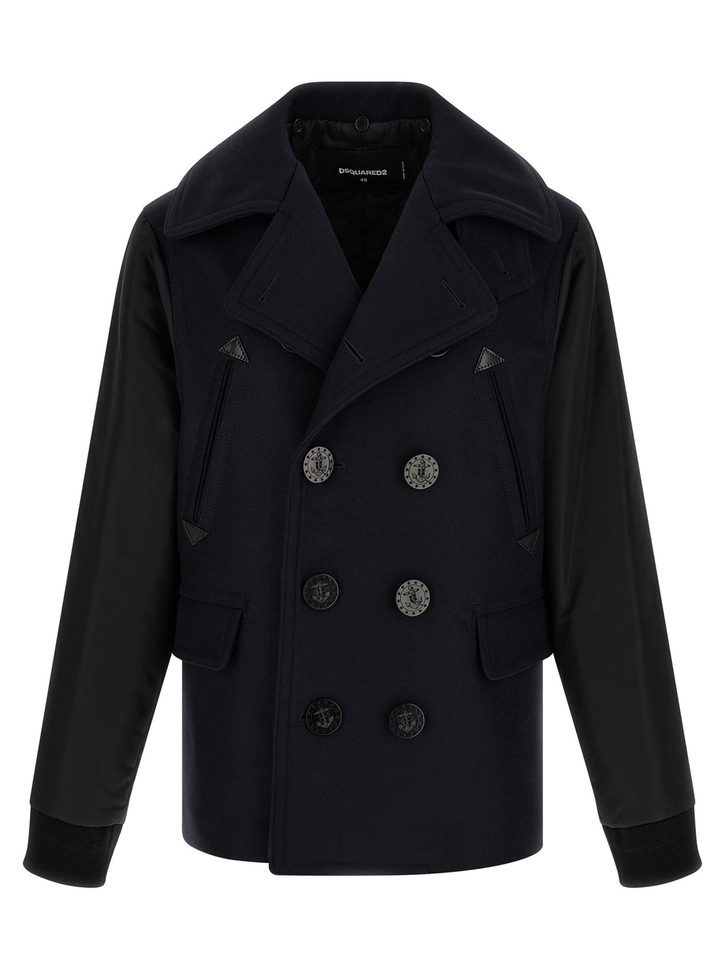 Manteau en laine bleue Dsquared² avec col classique et poches latérales, porté sur un mannequin.