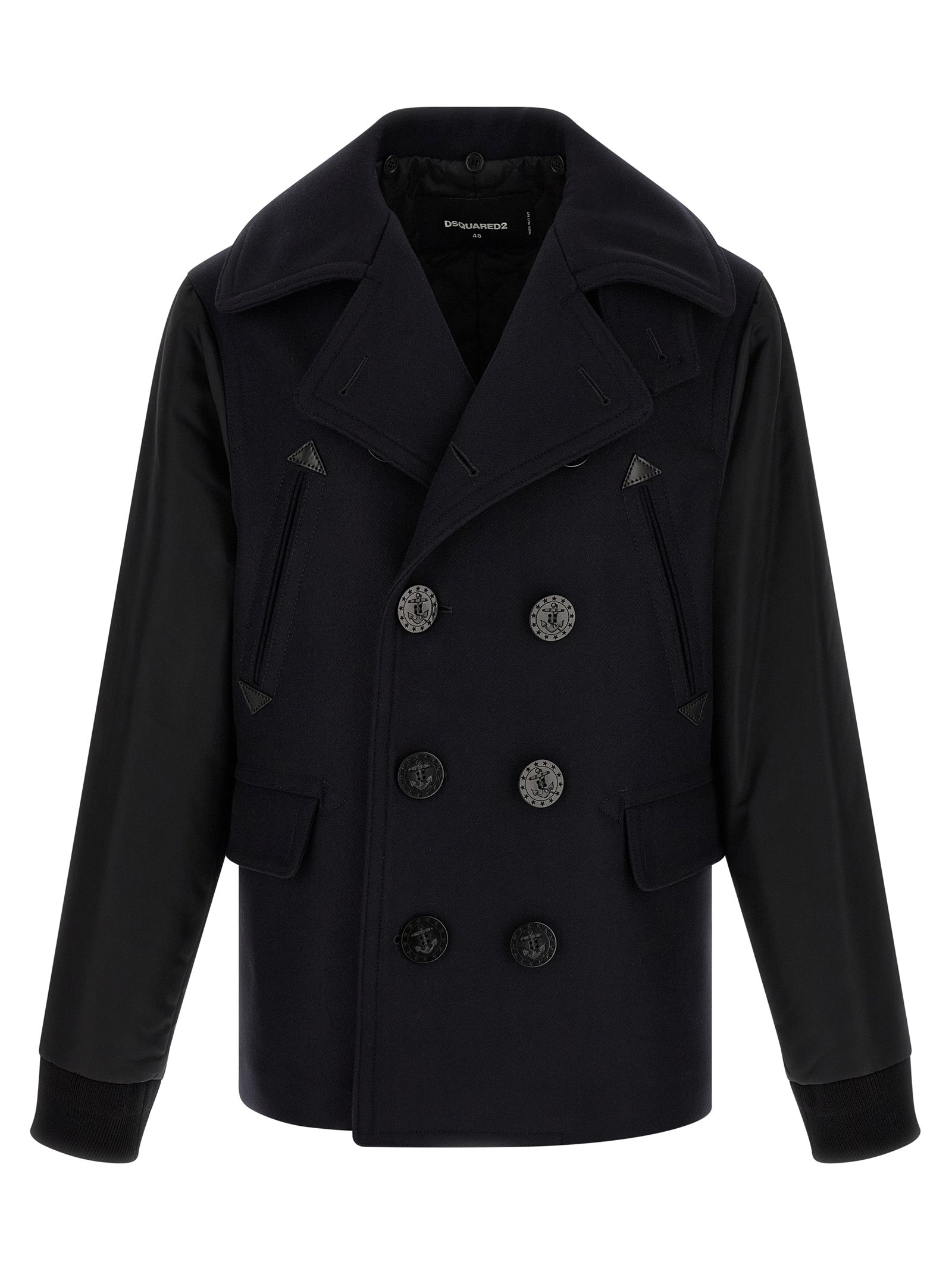 Manteau en laine bleue Dsquared² avec col classique et poches latérales, porté sur un mannequin.