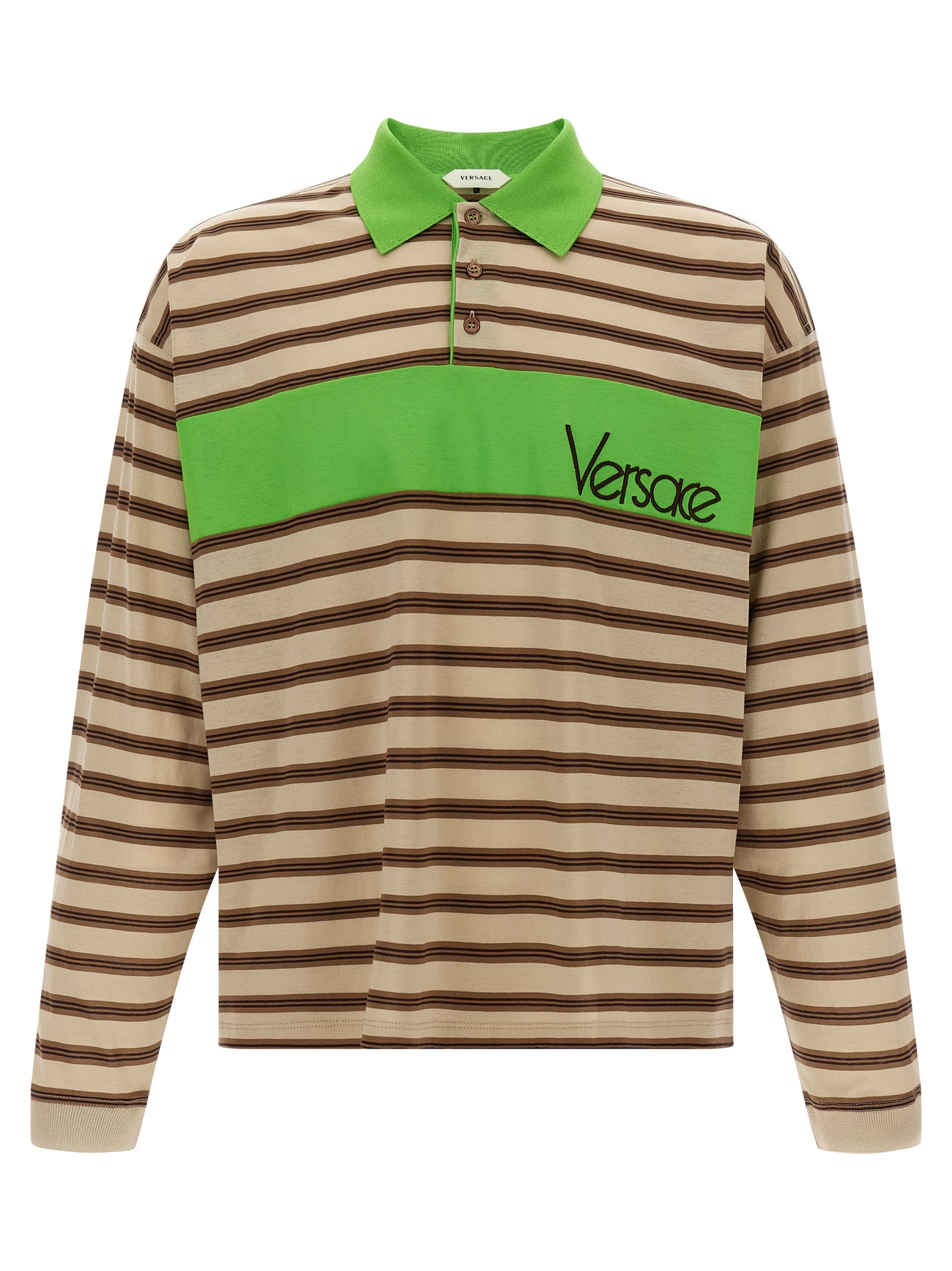 Chemise polo en coton multicolore de Versace, vue de face, avec logo et détails colorés, tissu doux et élégant.