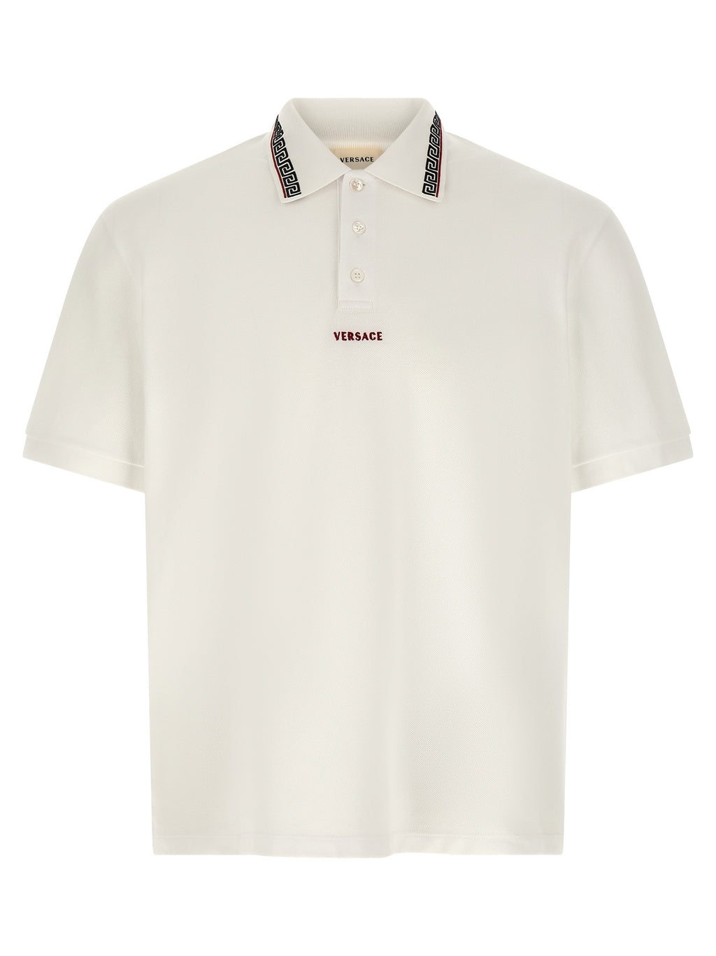 Chemise polo blanche en coton de la marque Versace, avec logo distinctif et col classique, vue de face.