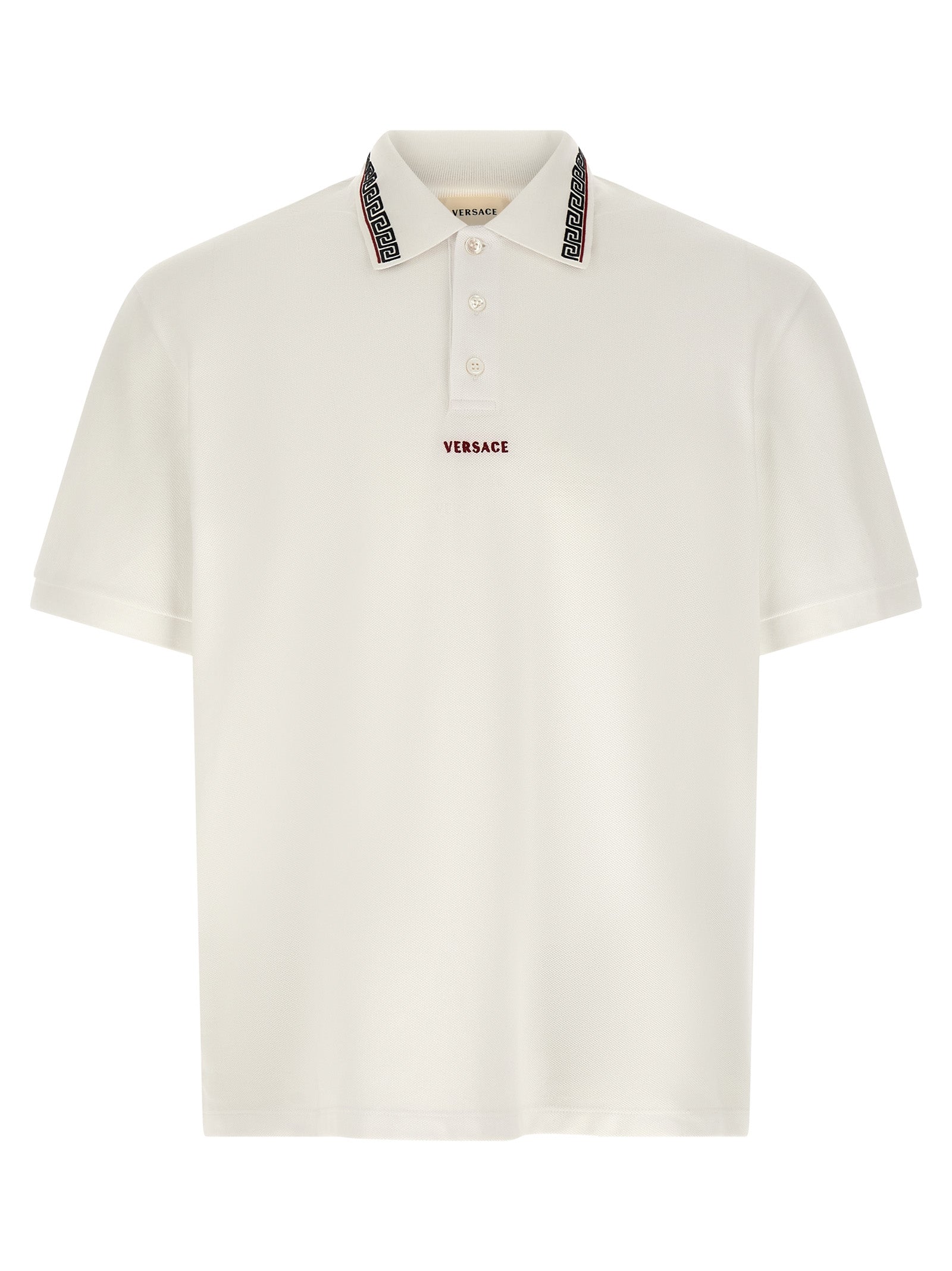 Chemise polo blanche en coton de la marque Versace, avec logo distinctif et col classique, vue de face.