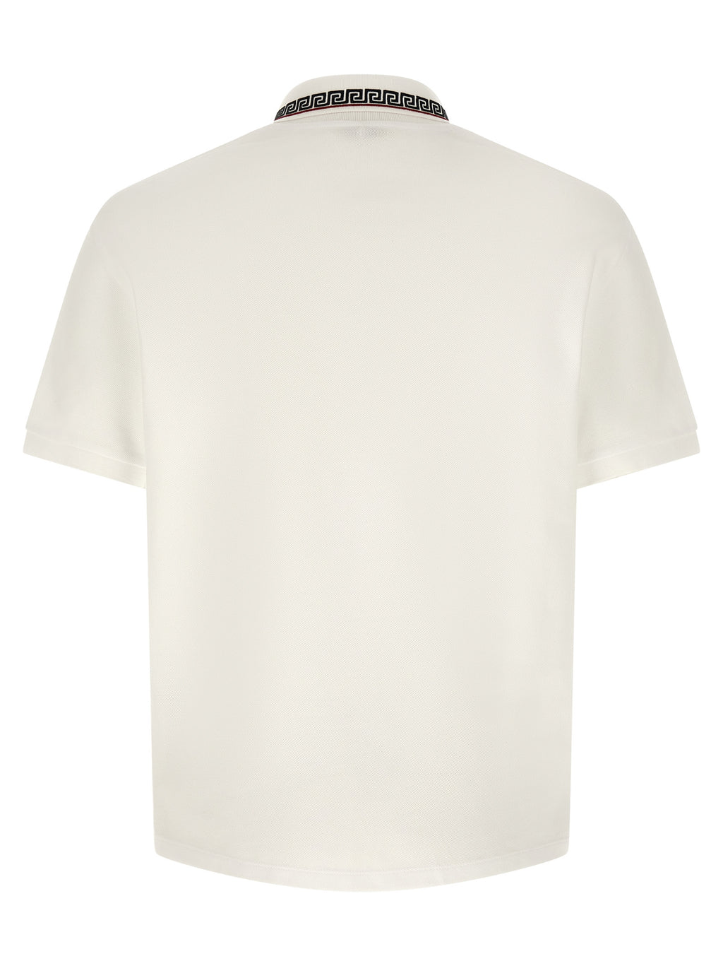 Chemise polo blanche en coton de la marque Versace, vue de face avec col et boutons visibles.