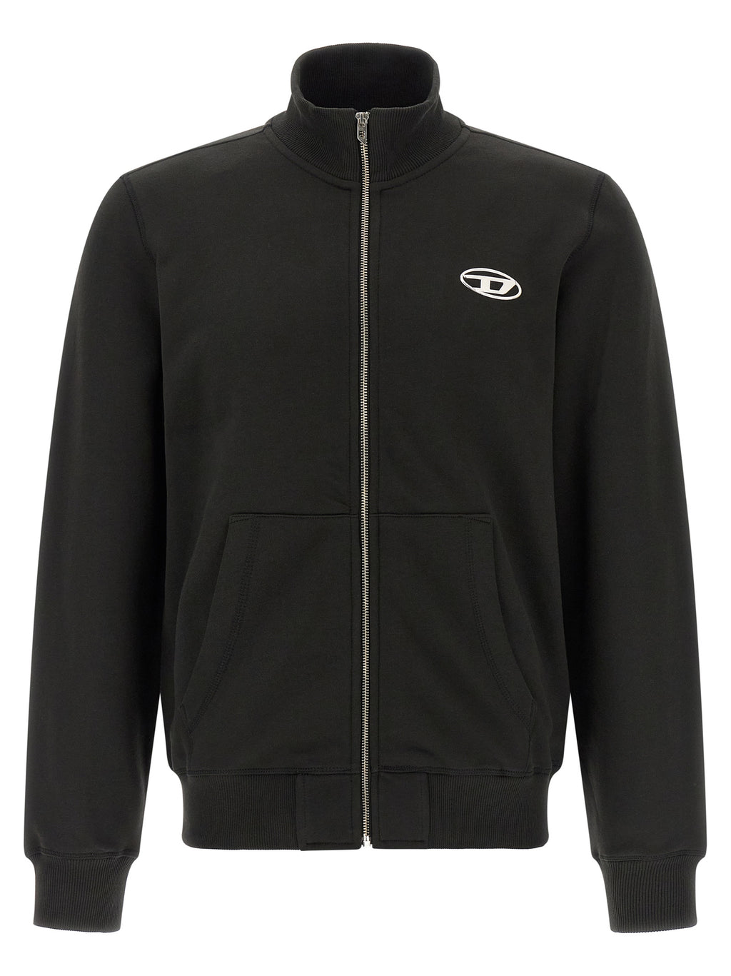 Sweatshirt en coton noir de la marque Diesel, style décontracté avec logo sur la poitrine, vue de face.