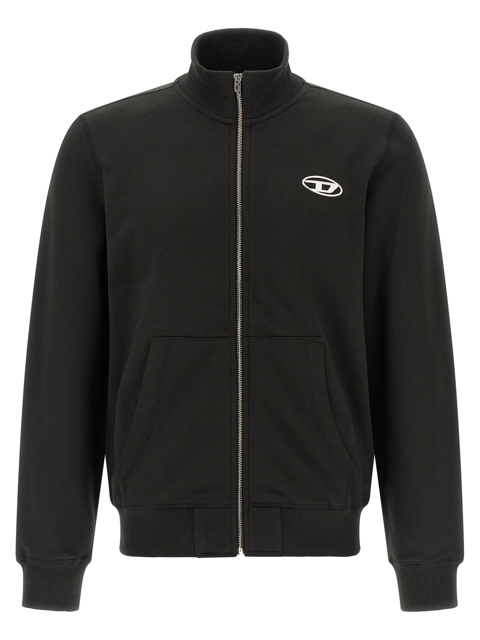 Sweatshirt en coton noir de la marque Diesel, style décontracté avec logo sur la poitrine, vue de face.