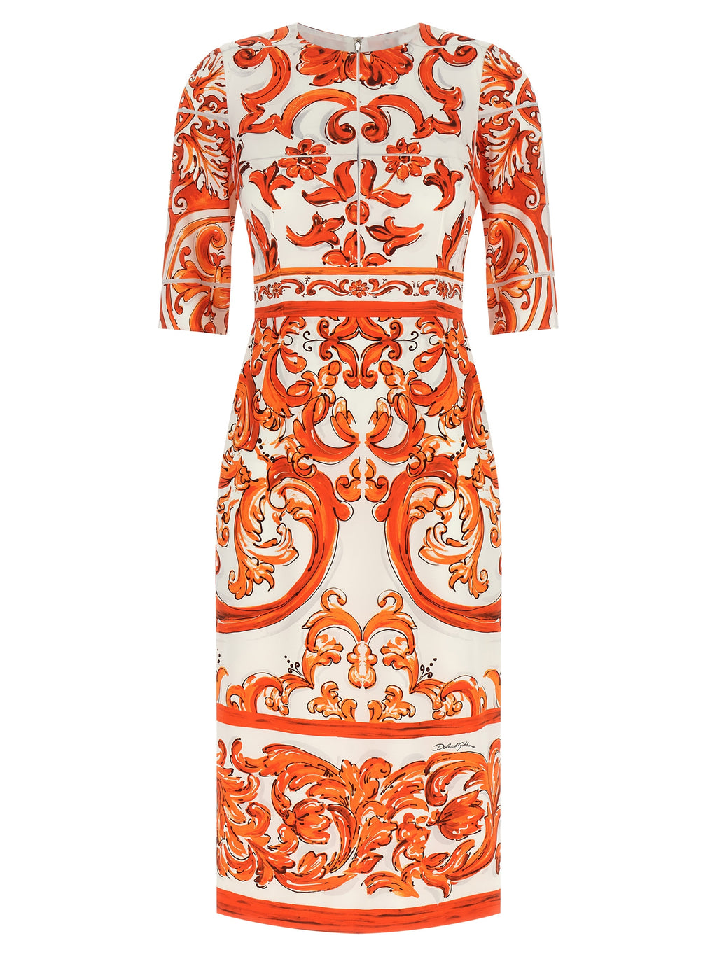 Robe midi en soie orange de Dolce & Gabbana, élégante avec coupe fluide et détails sophistiqués.