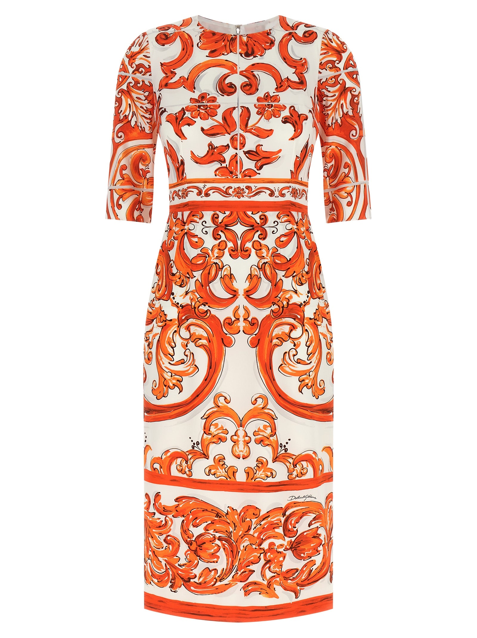 Robe midi en soie orange de Dolce & Gabbana, élégante avec coupe fluide et détails sophistiqués.