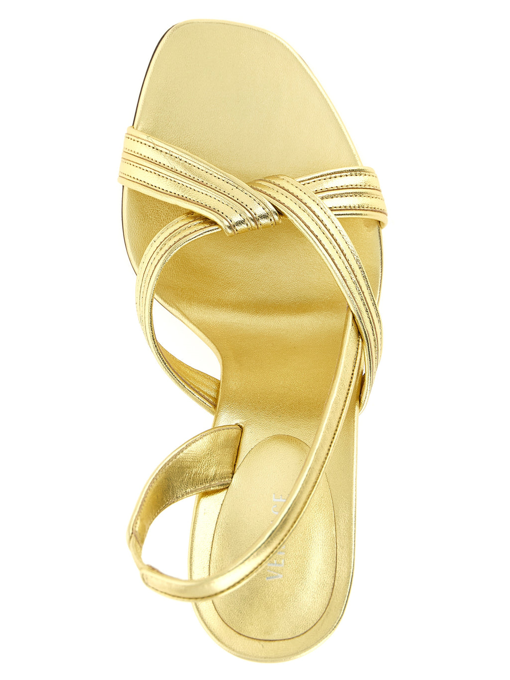 Sandales stilettos en cuir d'agneau doré de Versace, avec semelle fine et design élégant.