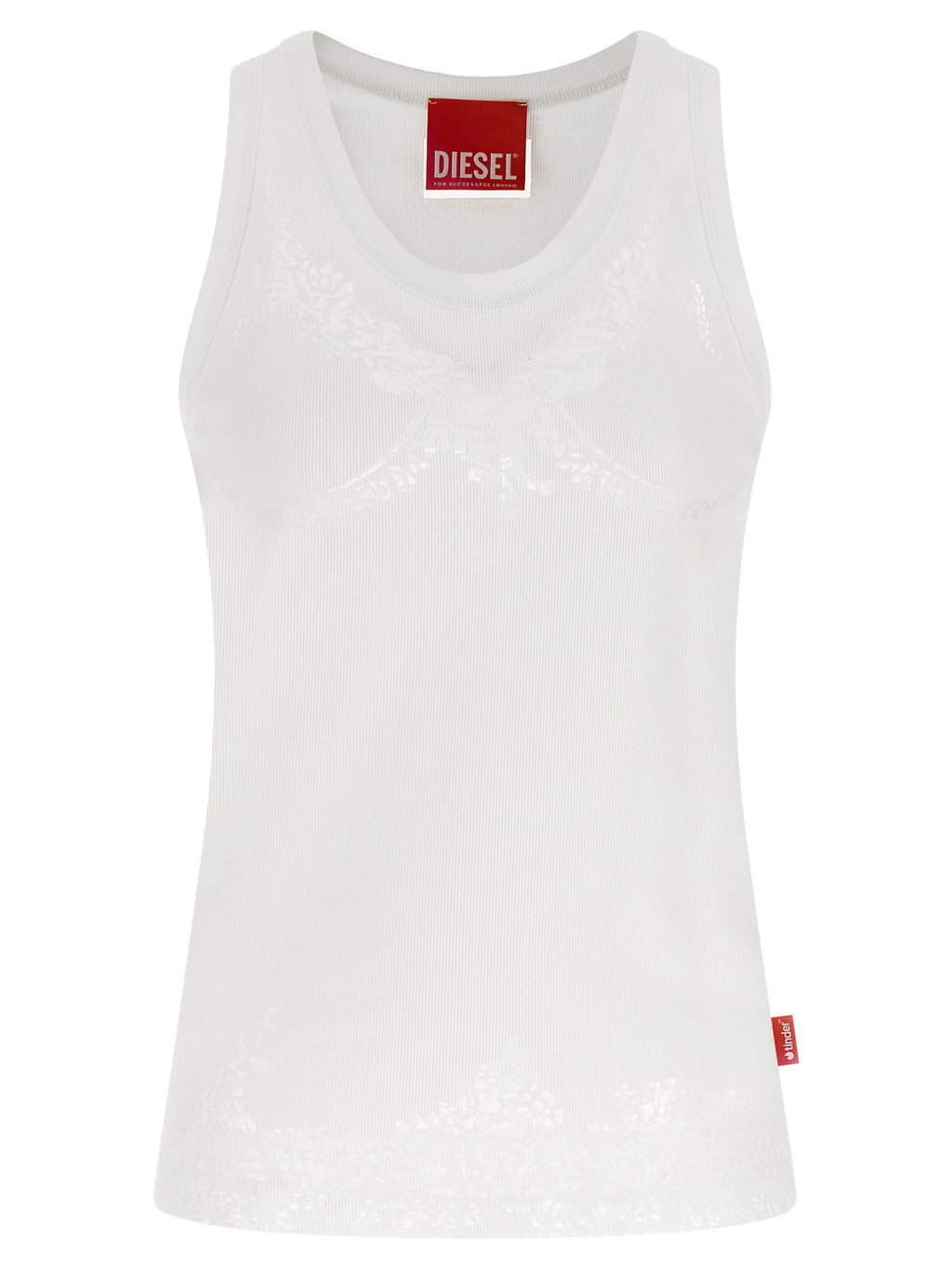 Débardeur blanc en coton de la marque Diesel, coupe classique, porté sur mannequin, détails de couture visibles.
