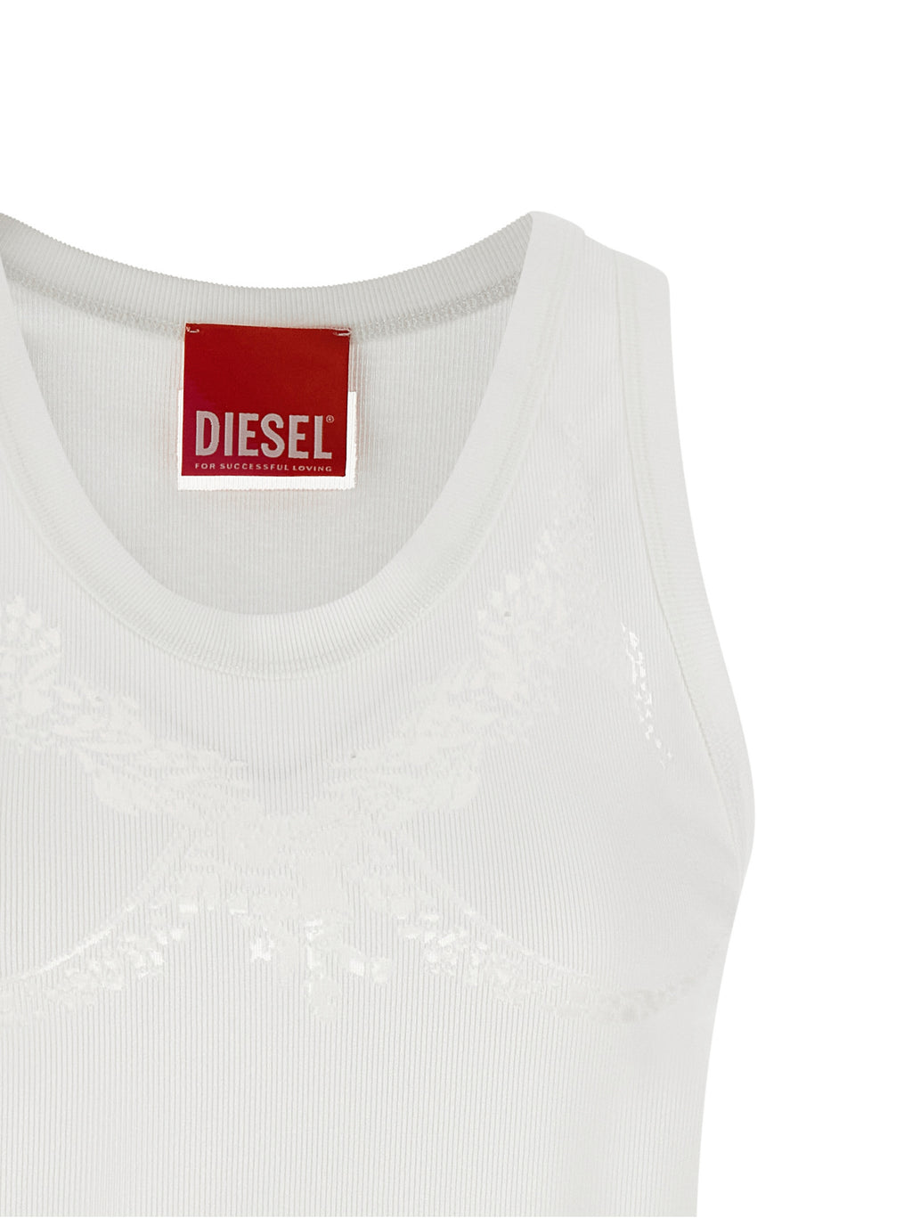 Débardeur blanc en coton de la marque Diesel, design simple et classique, porté sur un mannequin.